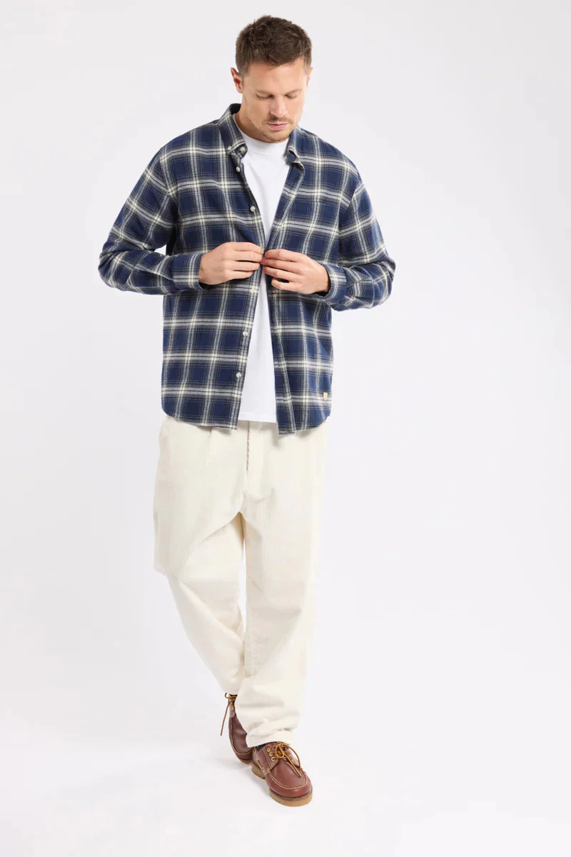 Flannel Check Cotton Shirt - Carreaux Marine Deep/Grey/Mil - Image 3