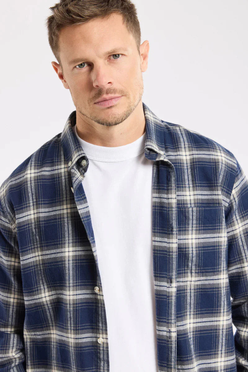 Flannel Check Cotton Shirt - Carreaux Marine Deep/Grey/Mil - Image 4