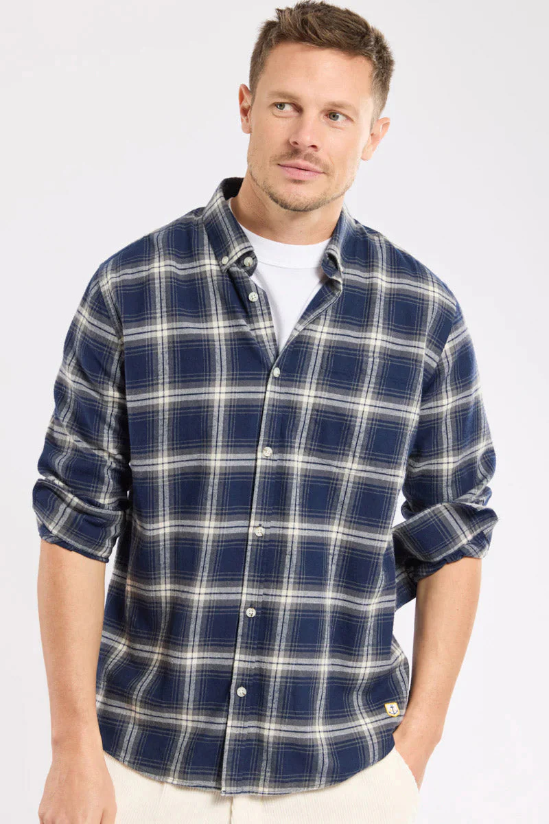 Flannel Check Cotton Shirt - Carreaux Marine Deep/Grey/Mil - Image 5