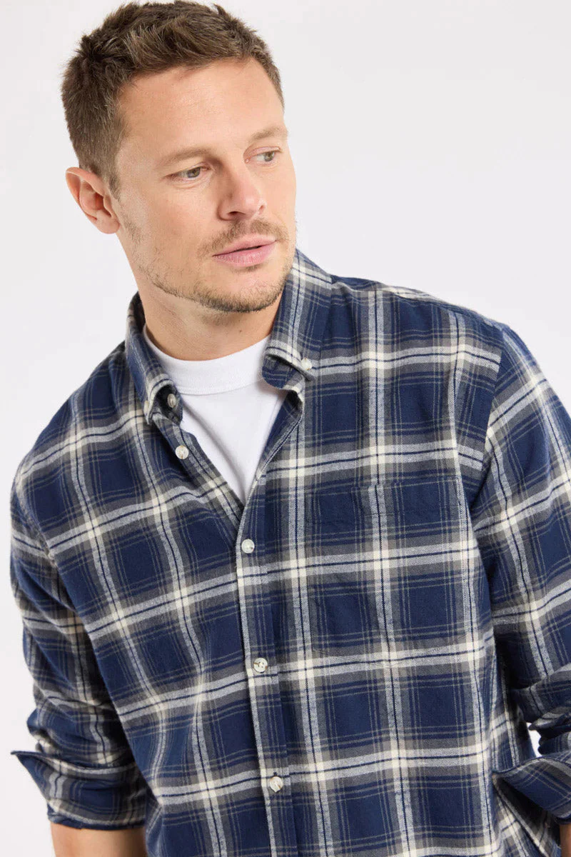 Flannel Check Cotton Shirt - Carreaux Marine Deep/Grey/Mil - Image 6