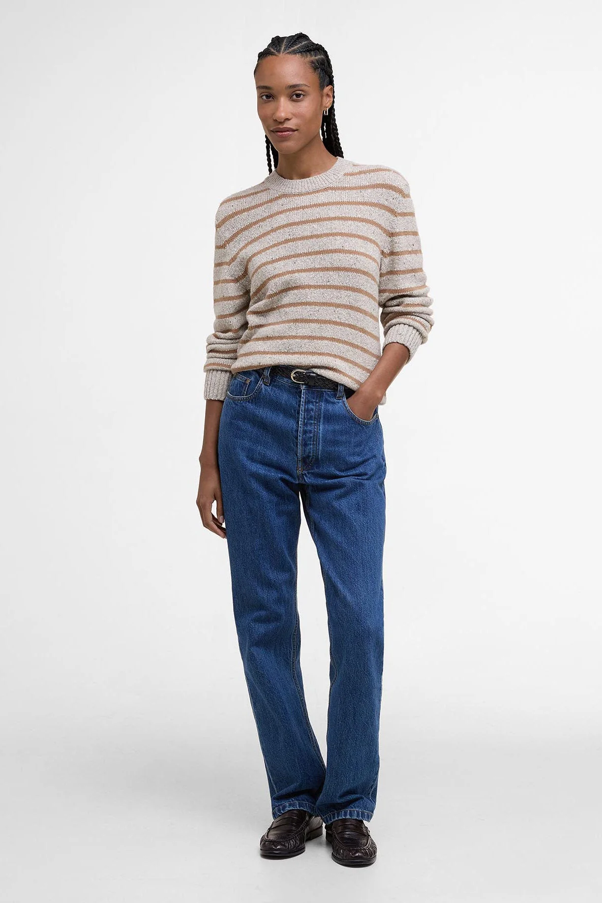 Claydon Striped Crew Neck Jumper - Oatmeal Stripe - Image 6
