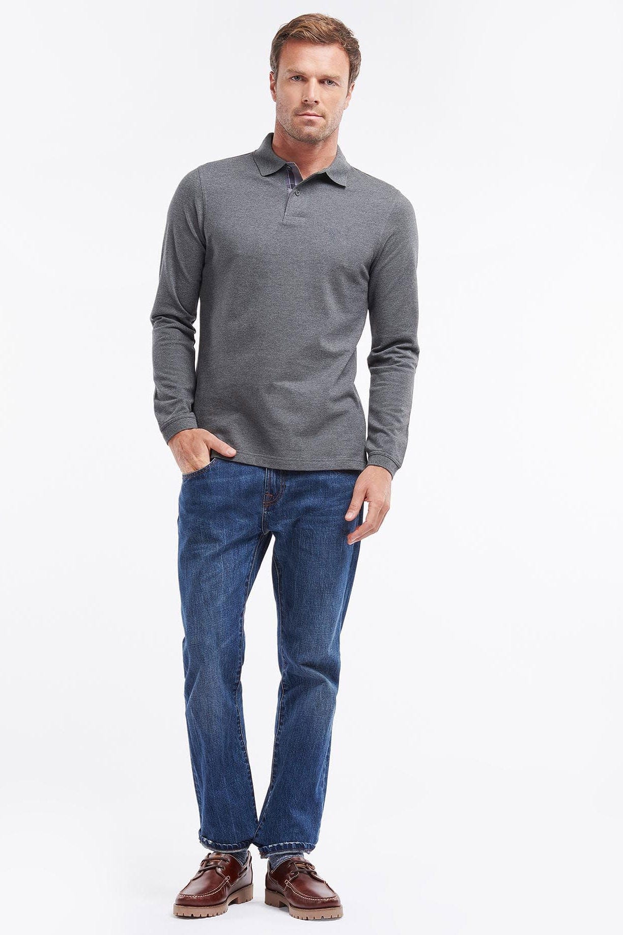 Essential Long Sleeve Sports Polo Shirt - Slate Marl - Image 4