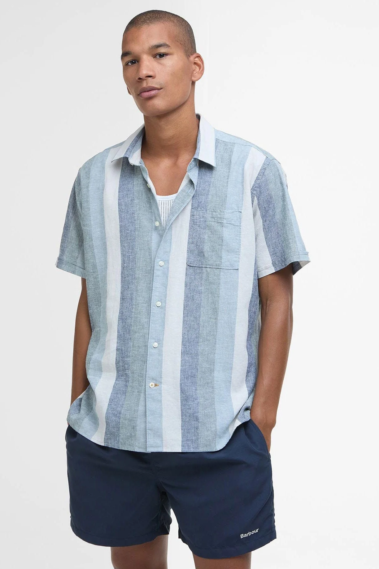 Portwell Stripe Regular Fit Short Sleeve Shirt - Classic Navy - Image 2
