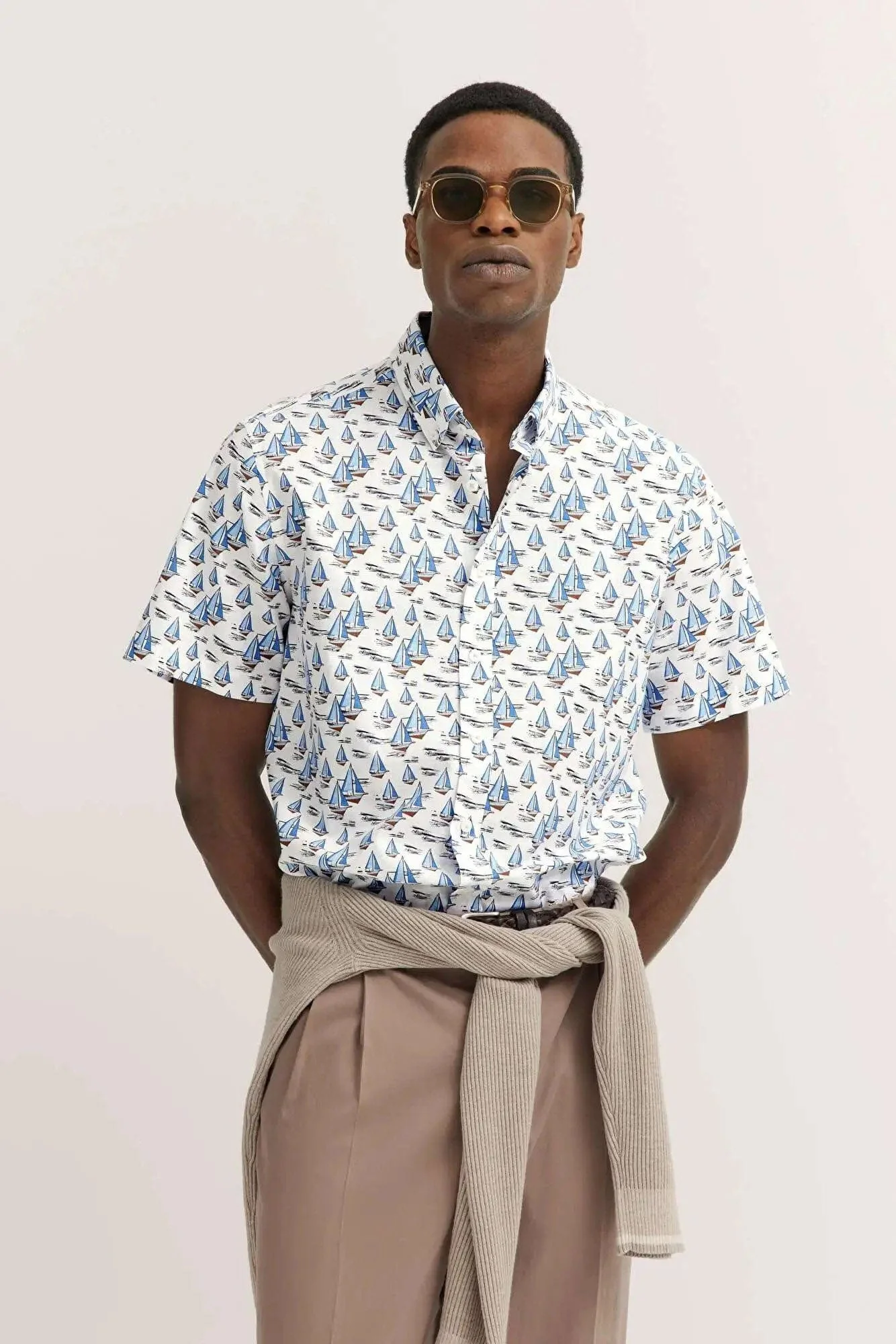 Boat Print Cotton Shirt - Light Blue - Image 2
