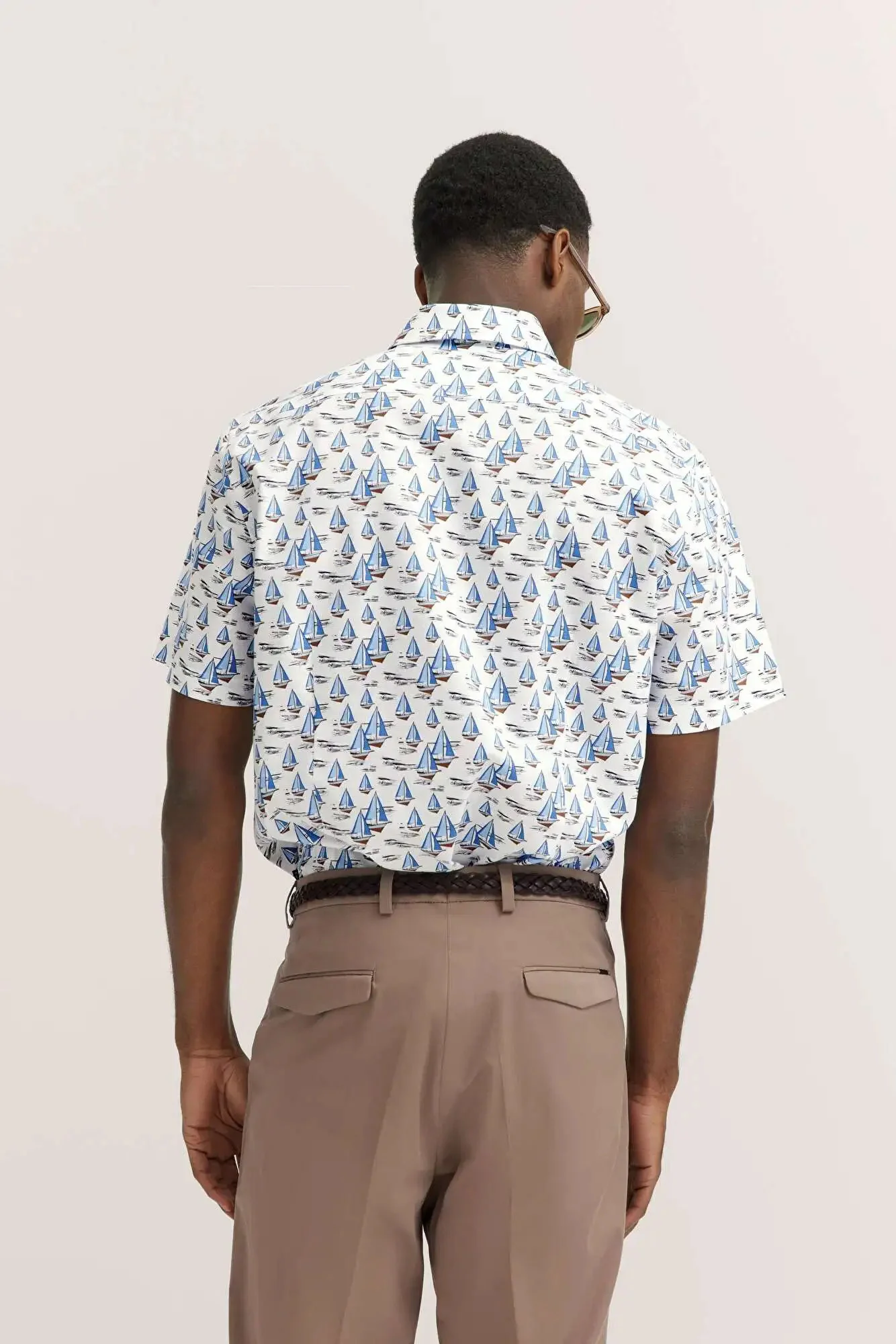 Boat Print Cotton Shirt - Light Blue - Image 3
