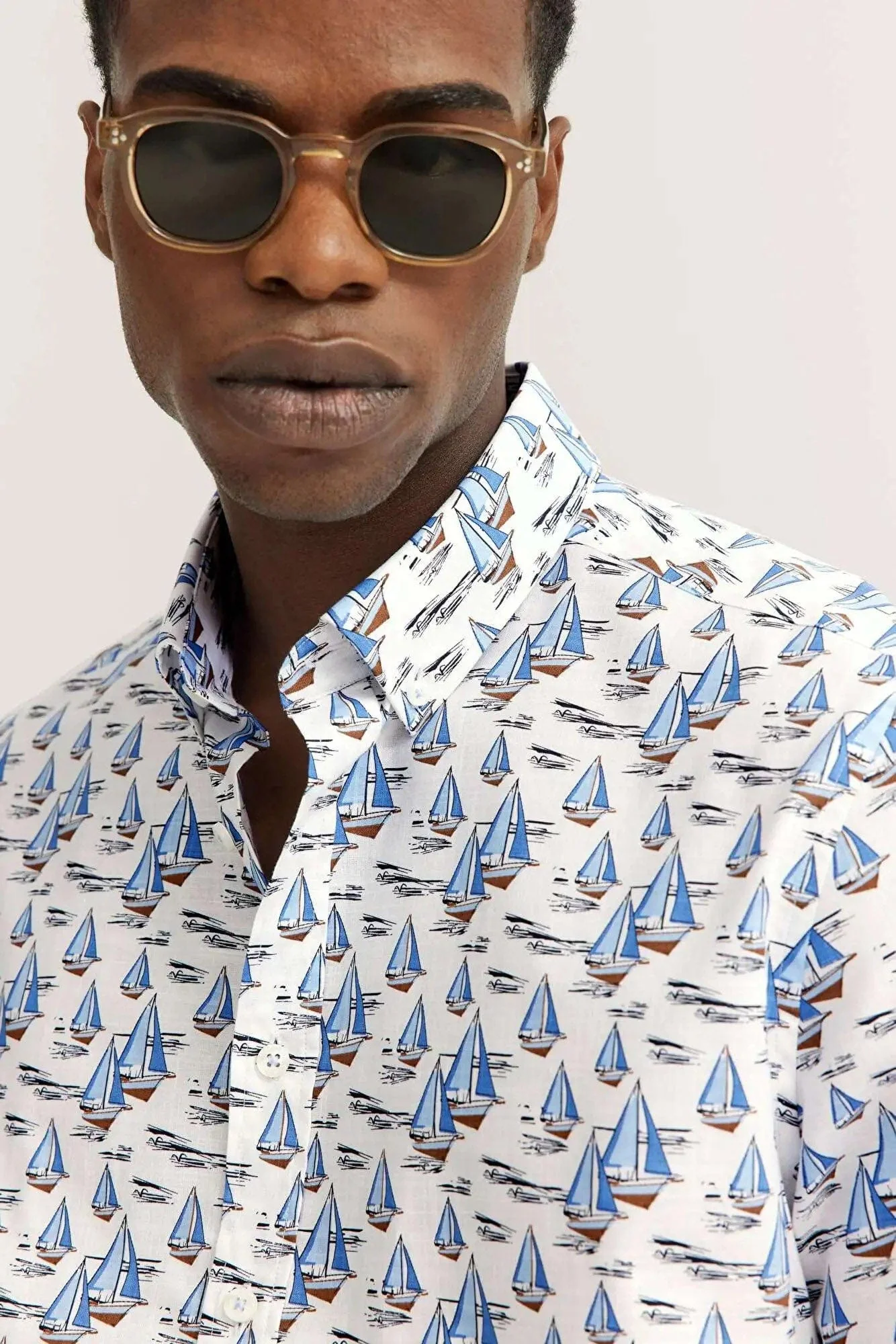 Boat Print Cotton Shirt - Light Blue - Image 4