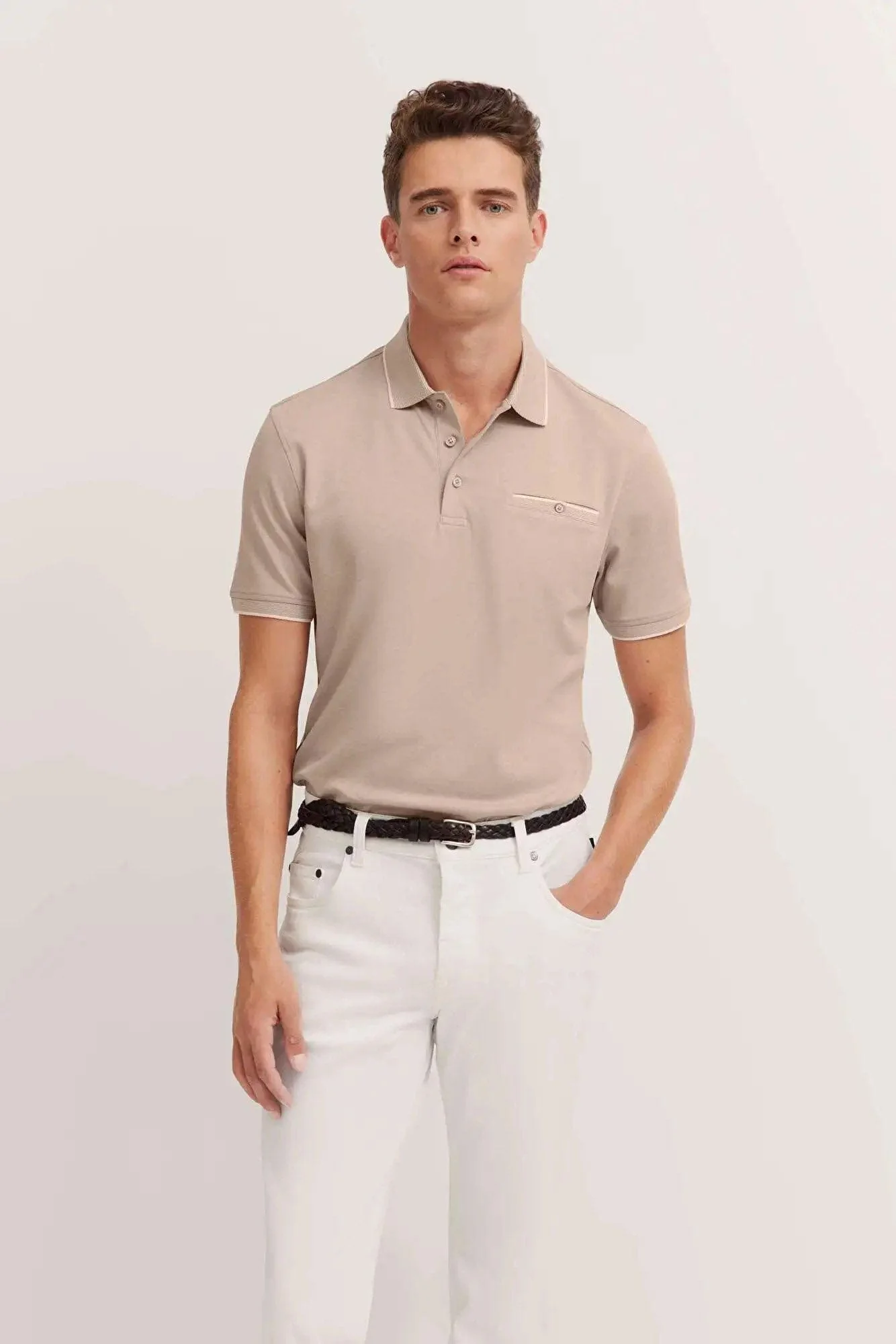 Polo Shirt with Tipping Detail - Taupe - Image 2