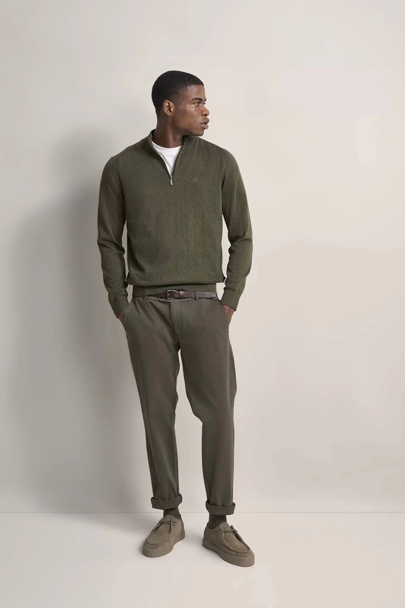 Quarter Zip Cotton/Cashmere Knit Jumper - Olive - Image 3