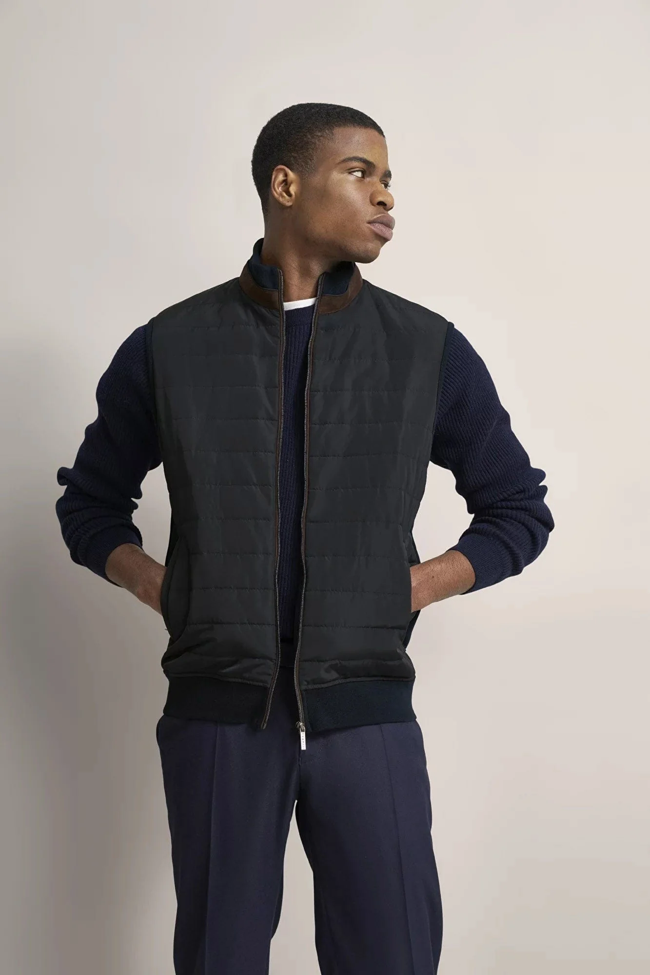 Quilted Front Knitted Back Gilet - Navy - Image 2