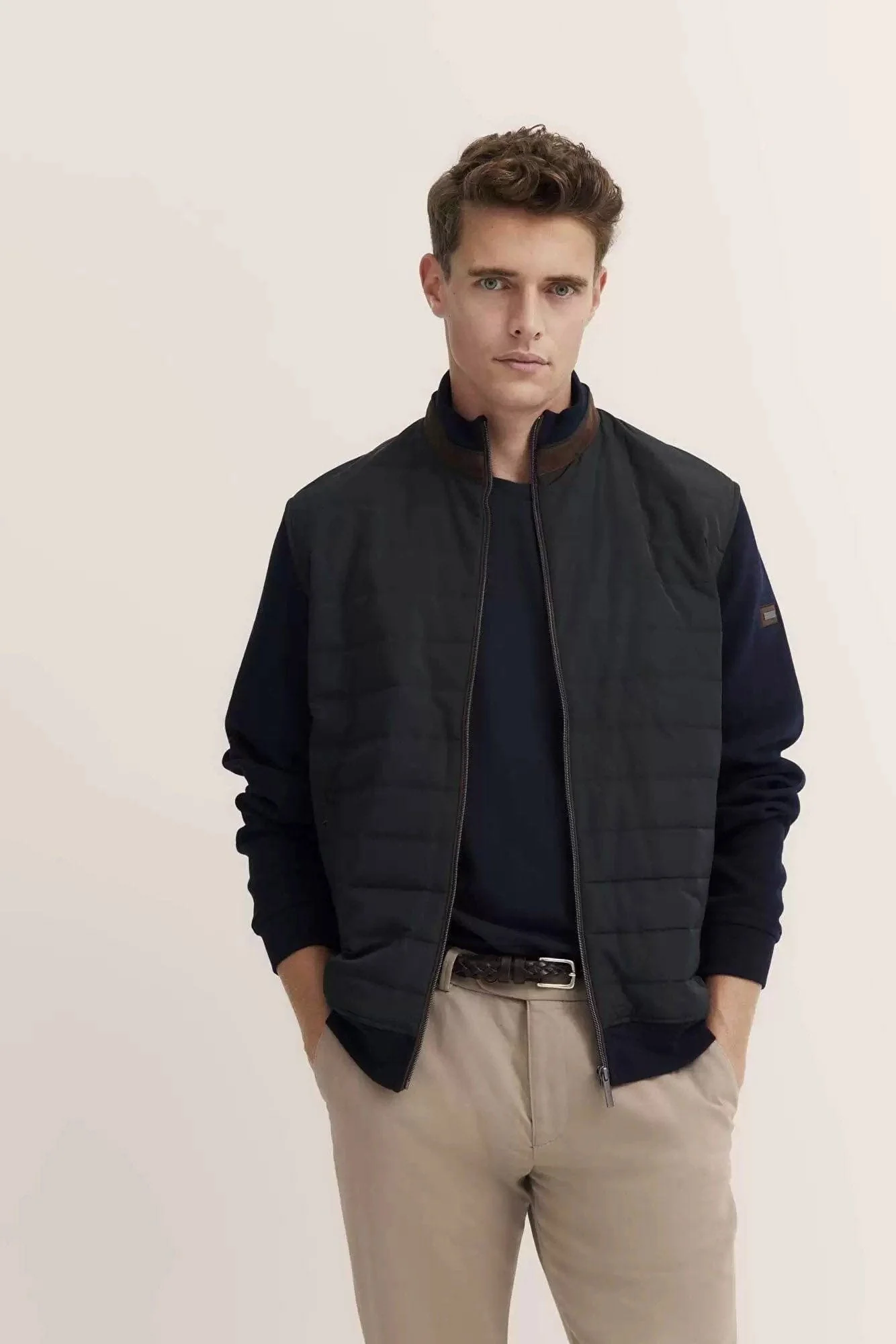 Quilted Front Knitted Back Jacket - Navy - Image 2