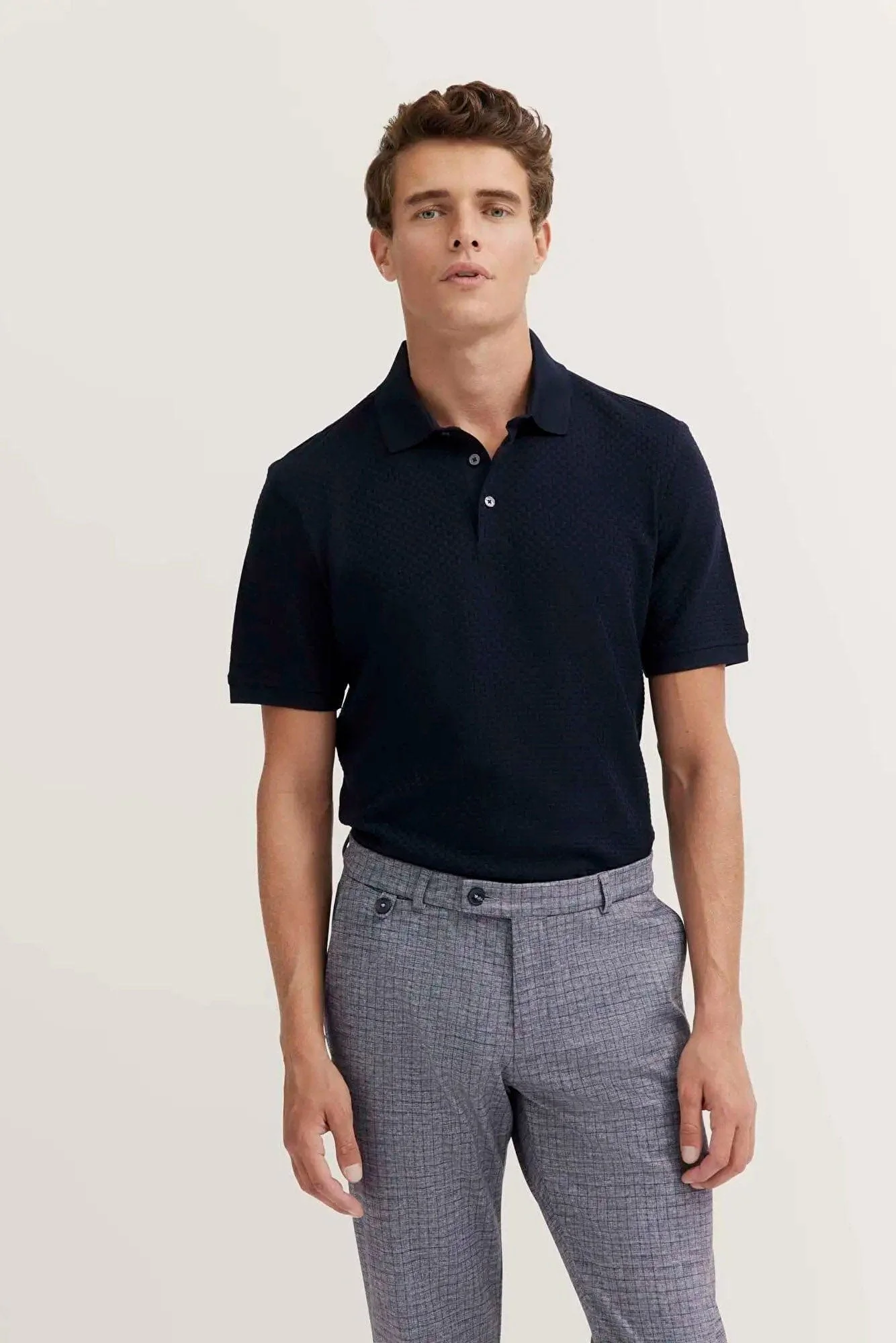 Textured Cotton Knit Polo Shirt - Navy - Image 2