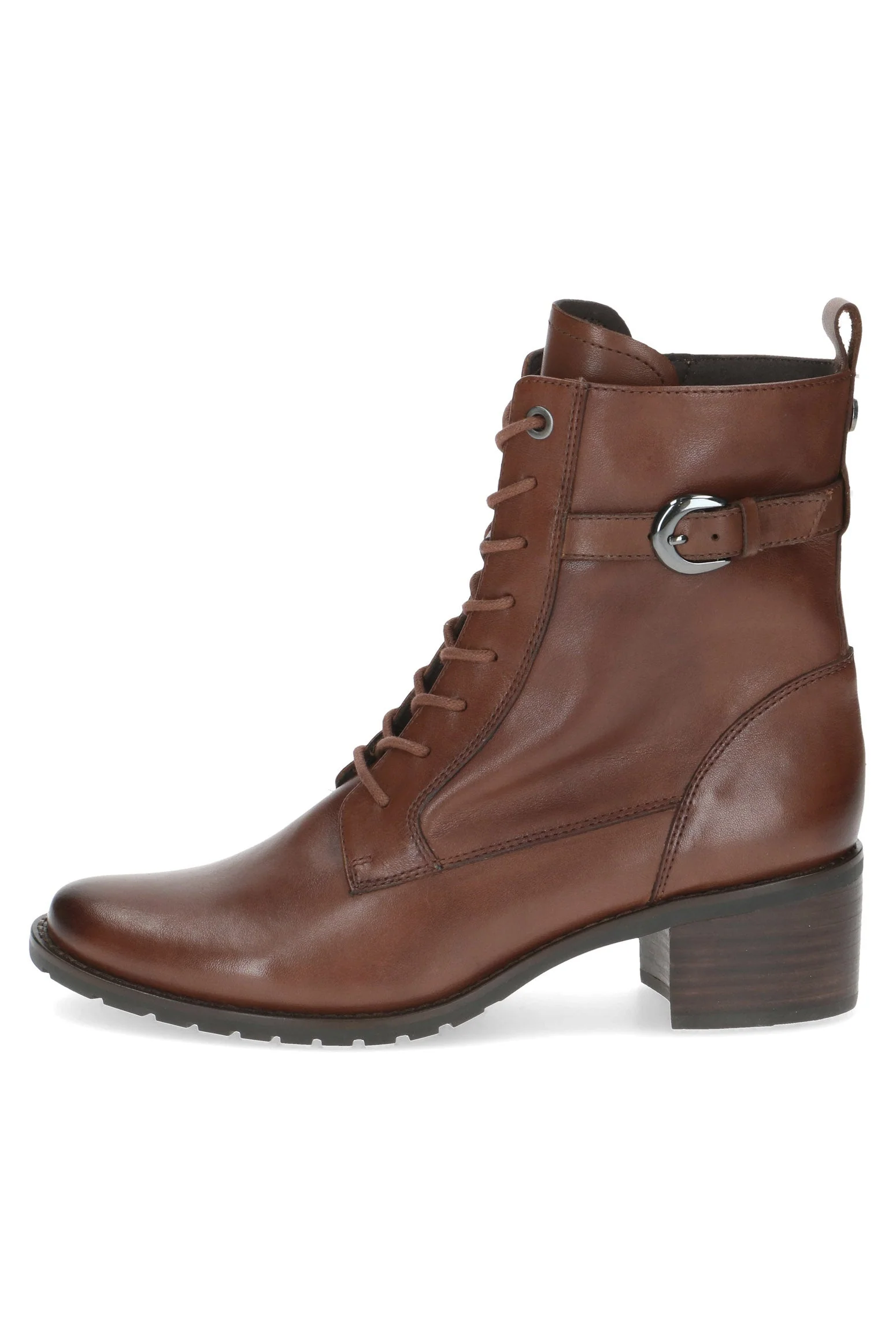 Leather Lace Front Strap Detail Block Heel Boot - Cognac Nappa