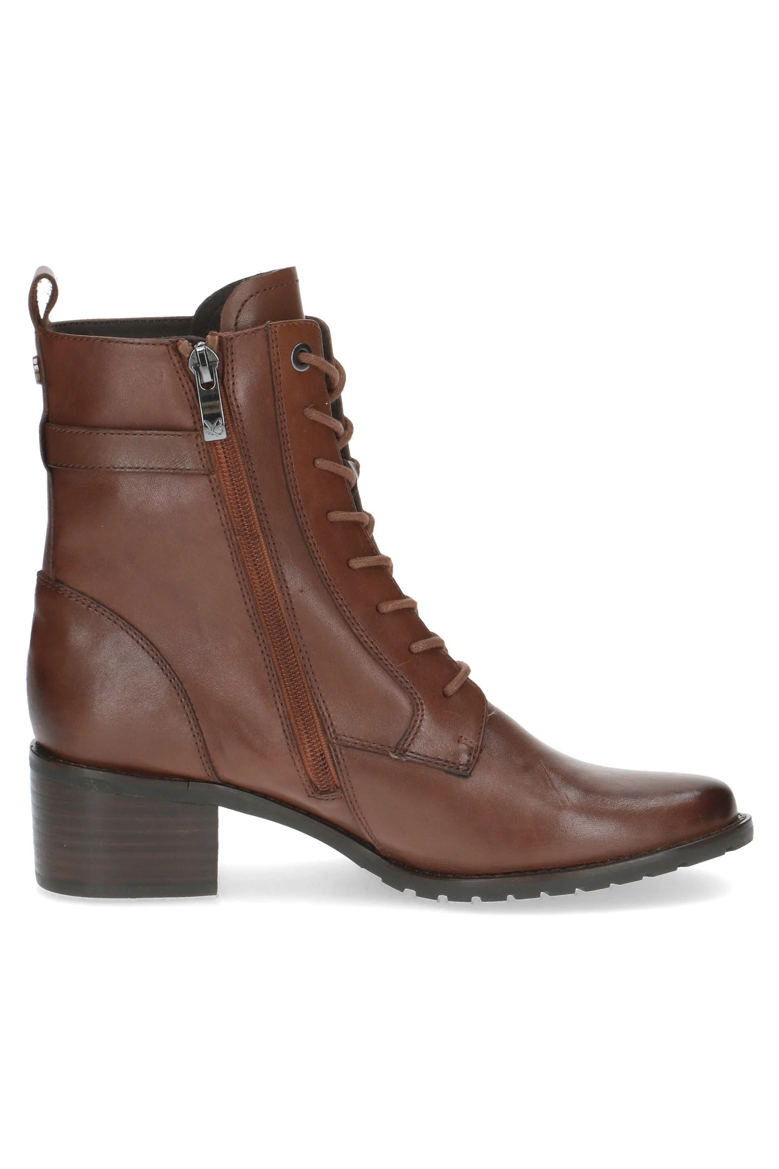 Leather Lace Front Strap Detail Block Heel Boot - Cognac Nappa - Image 2