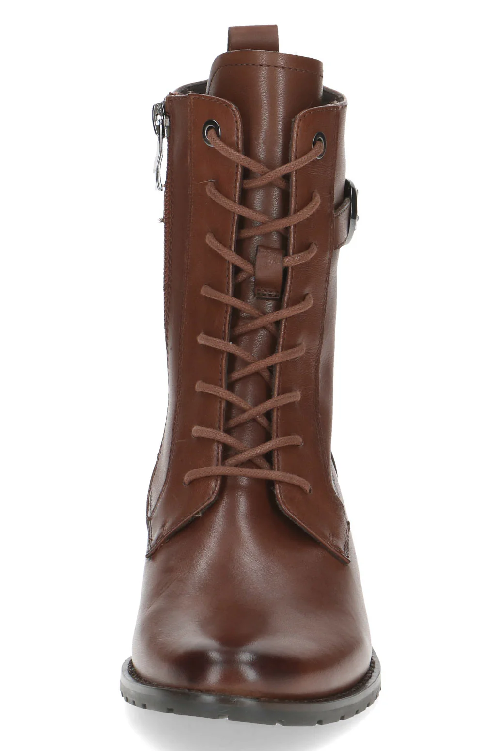 Leather Lace Front Strap Detail Block Heel Boot - Cognac Nappa - Image 3
