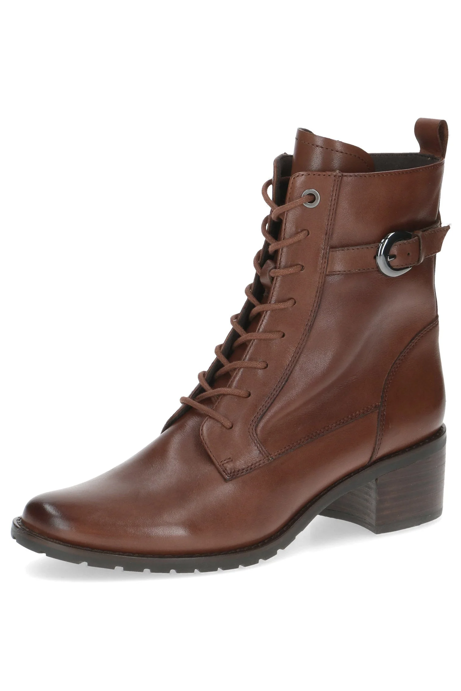 Leather Lace Front Strap Detail Block Heel Boot - Cognac Nappa - Image 5
