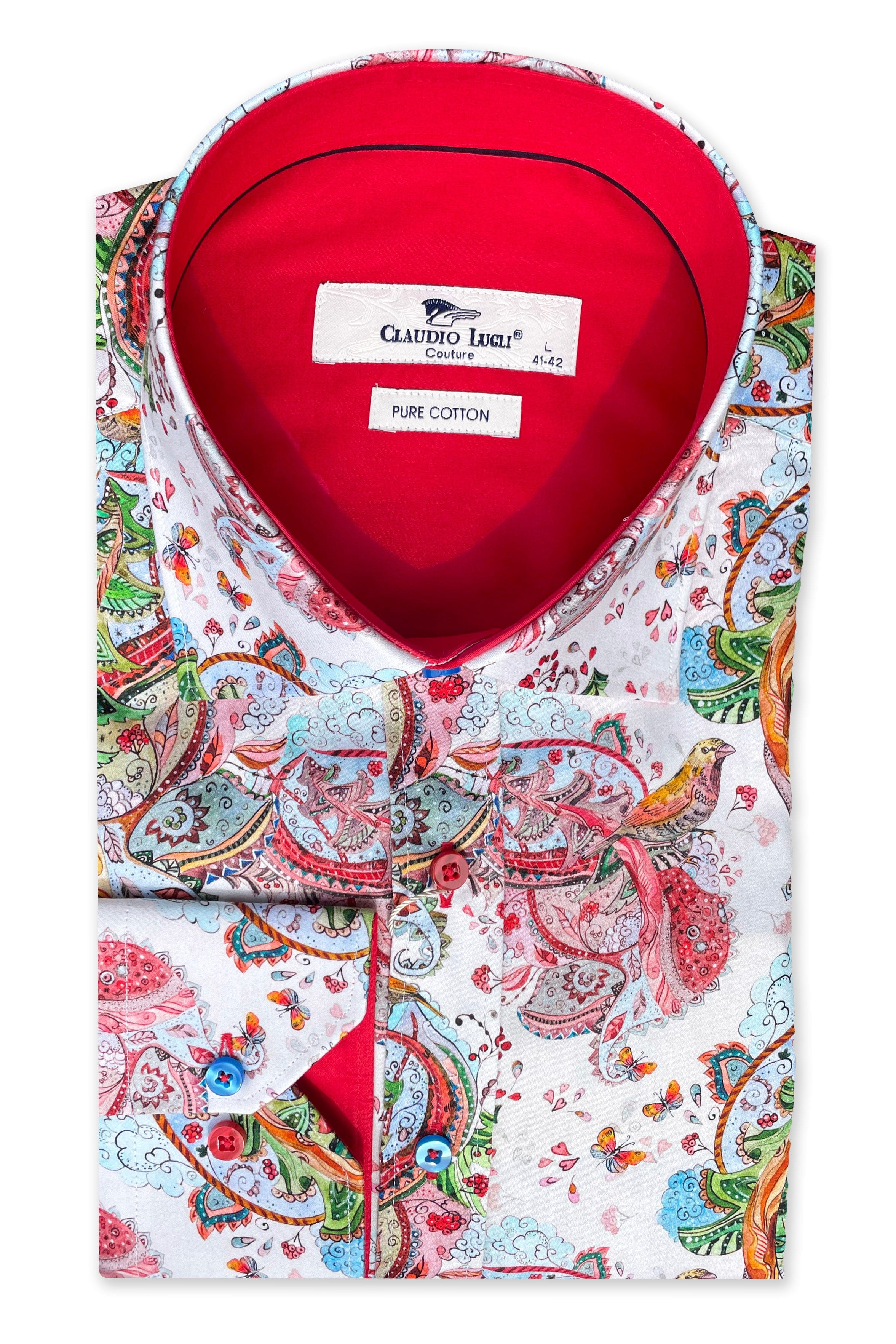 Satin Cotton Bird & Paisley Print Shirt - White