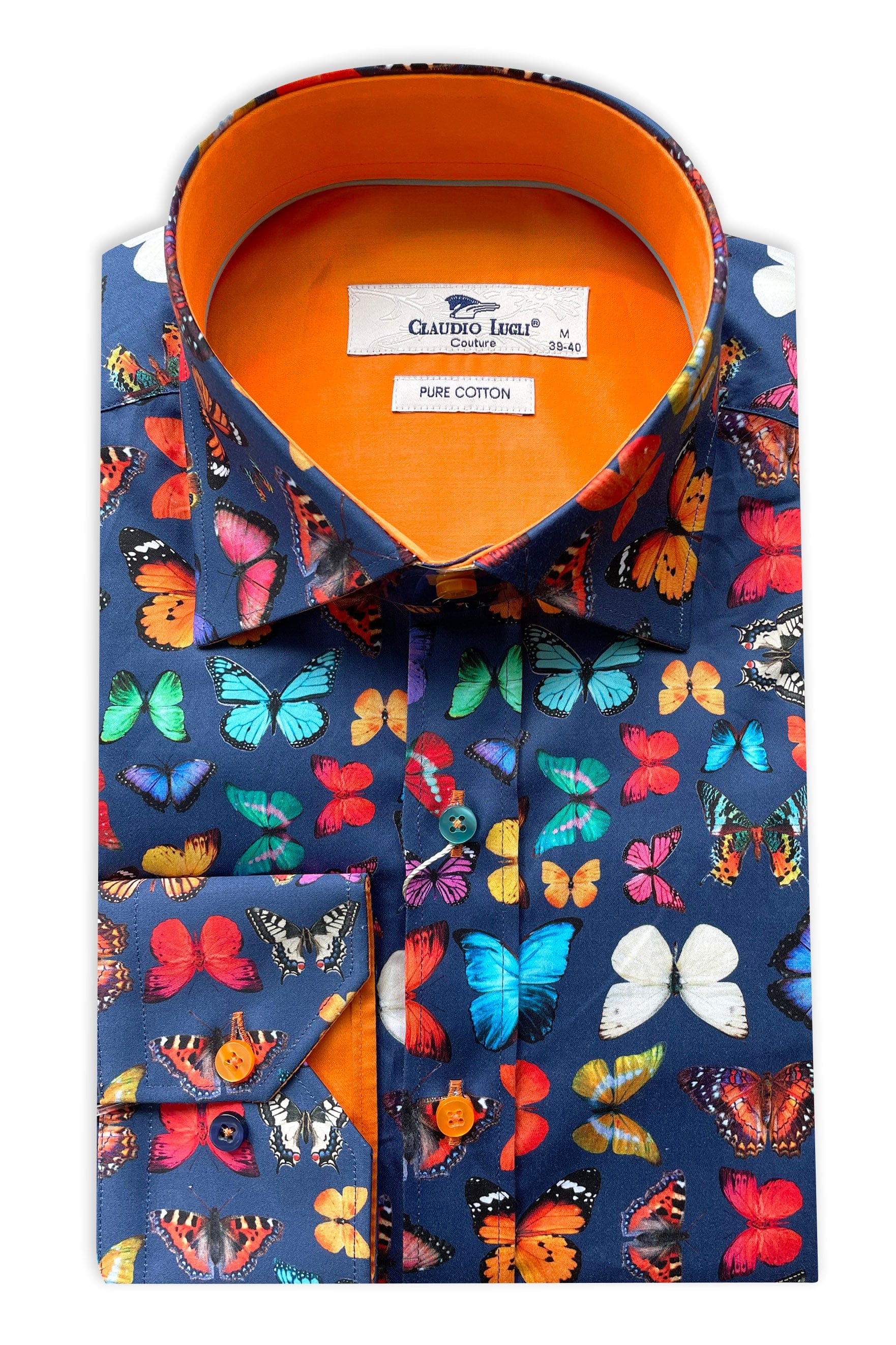 Satin Cotton Butterfly Print Shirt - Navy