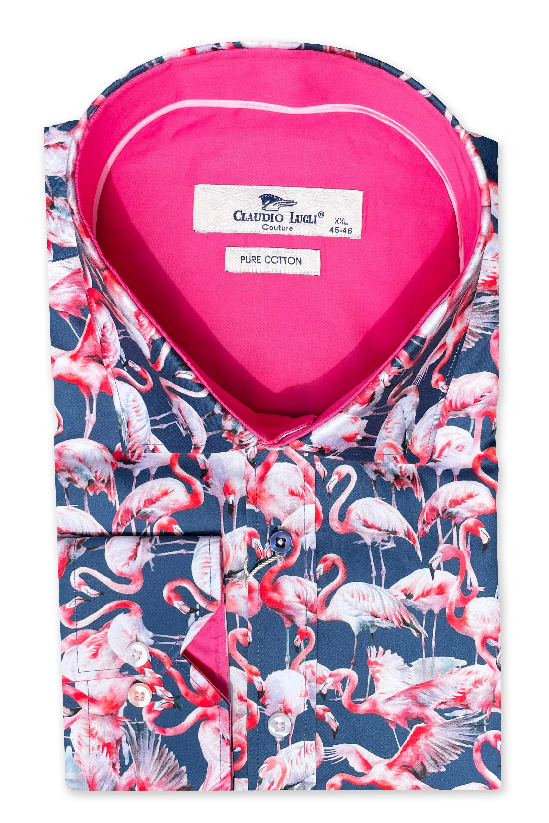 Satin Cotton Flamboyance of Flamingos Shirt - Navy