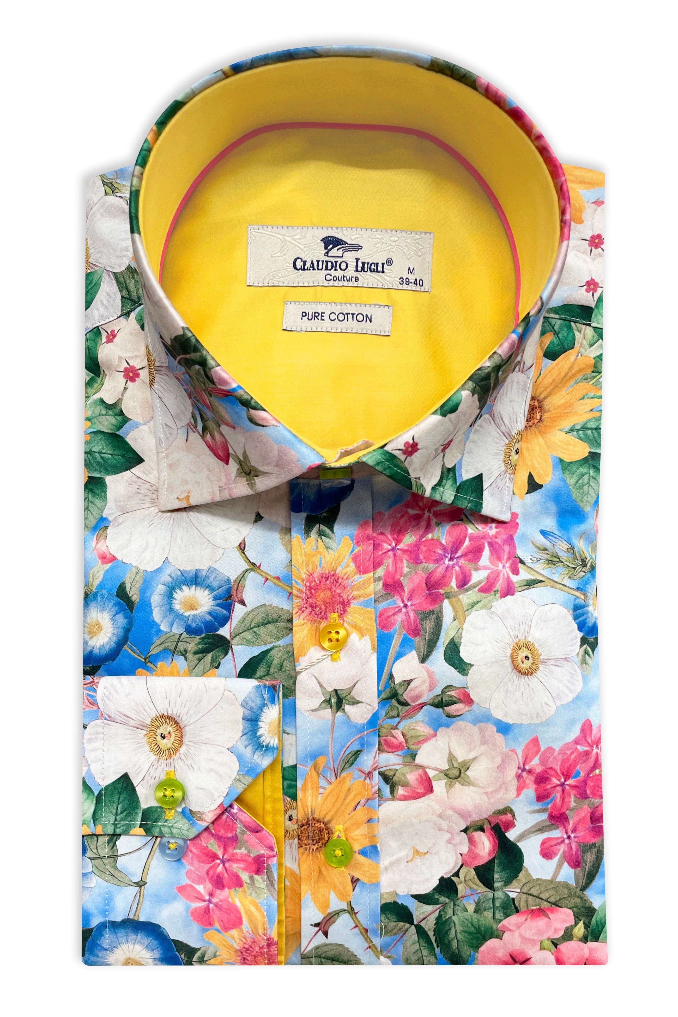 Satin Cotton Floral Print Shirt - Mustard