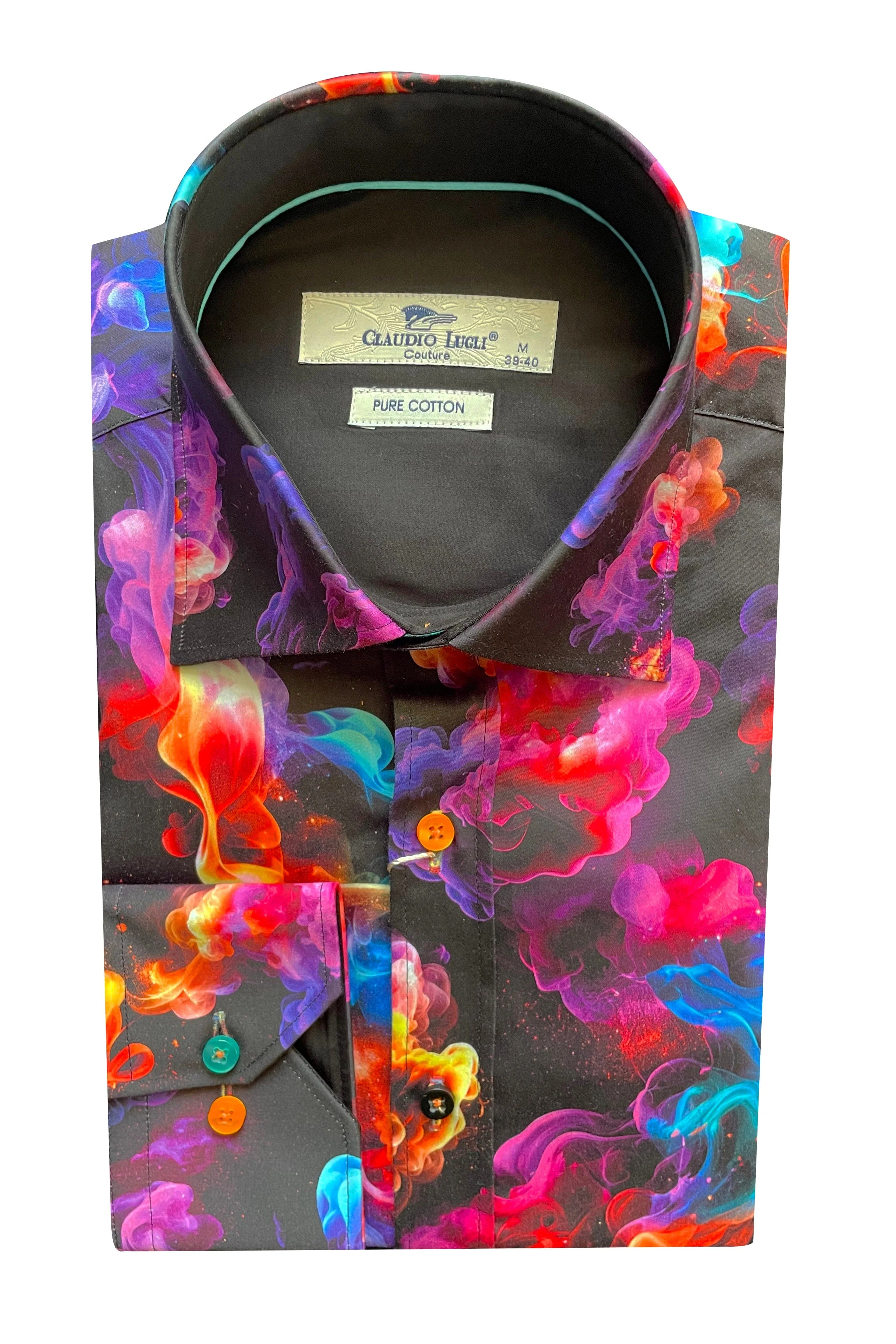 Satin Cotton Multicoloured Smoke Print Shirt - Black