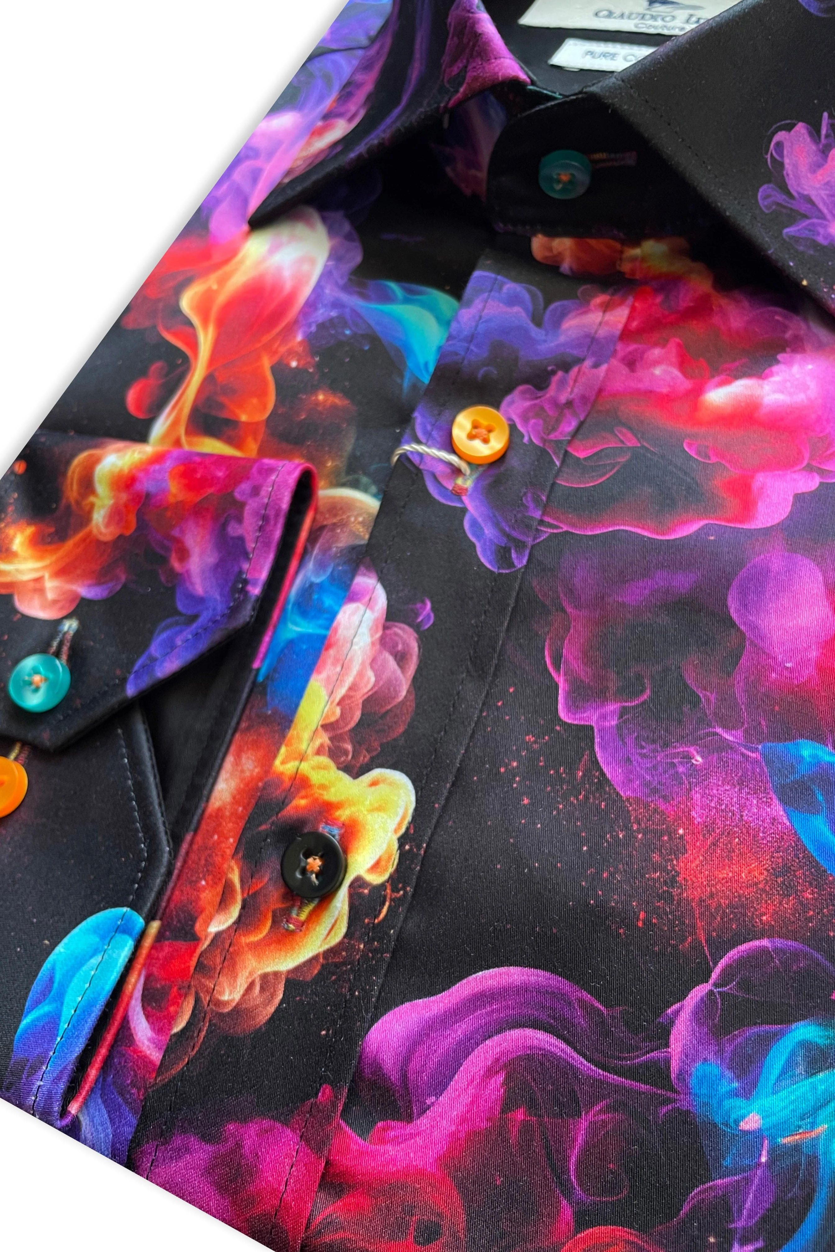 Satin Cotton Multicoloured Smoke Print Shirt - Black - Image 3