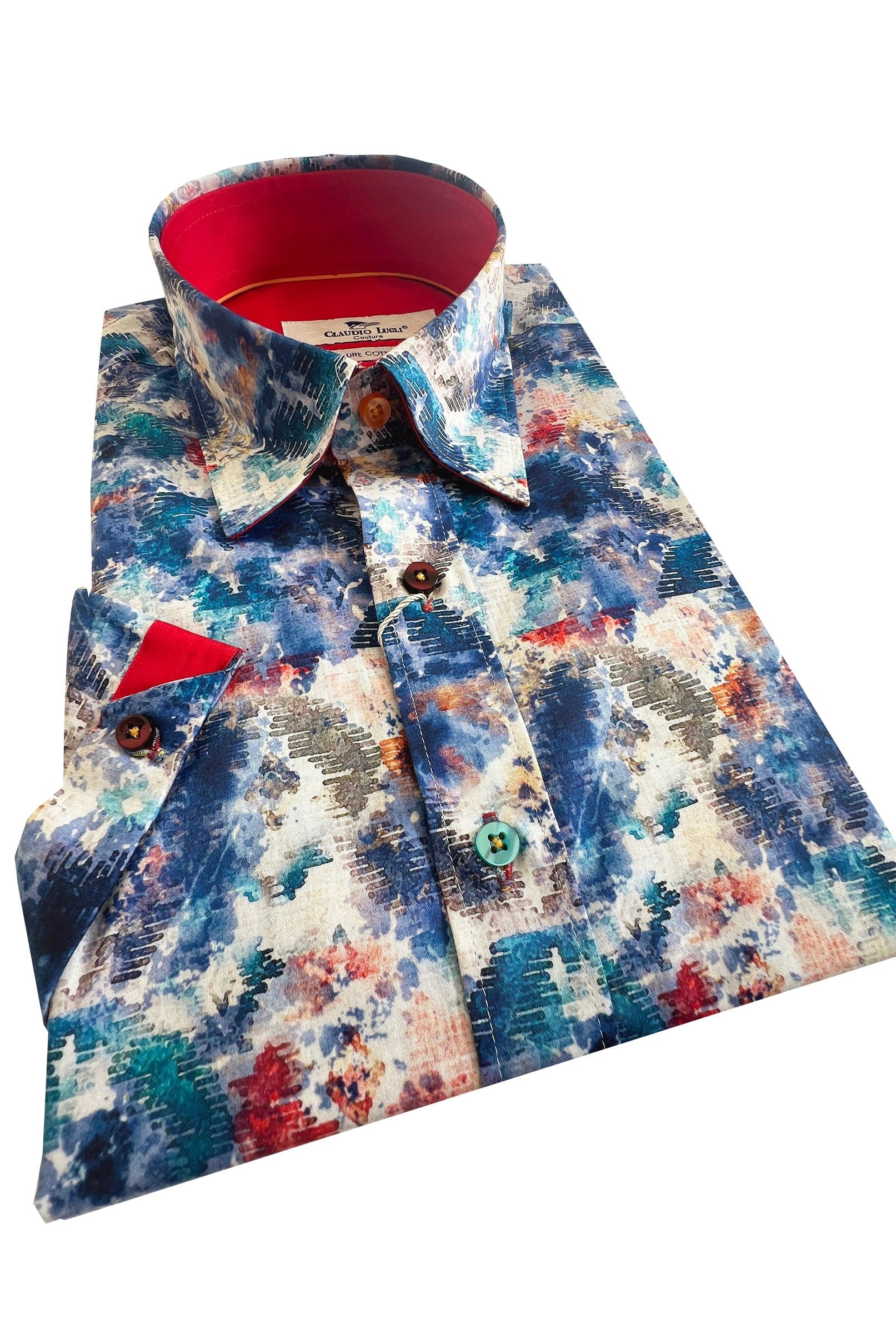 Satin Cotton Splash Print Short Sleeve Shirt - Blue - Image 3