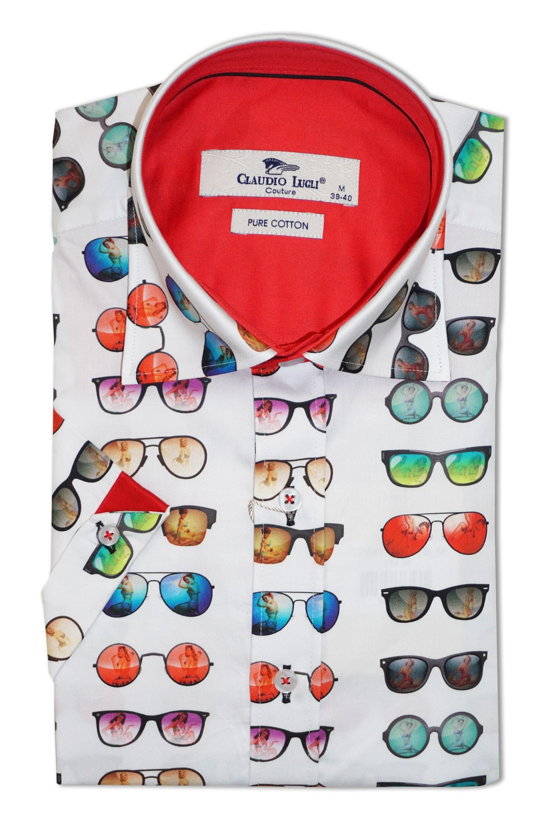 Satin Cotton Sunglasses Print Short Sleeve Shirt - White