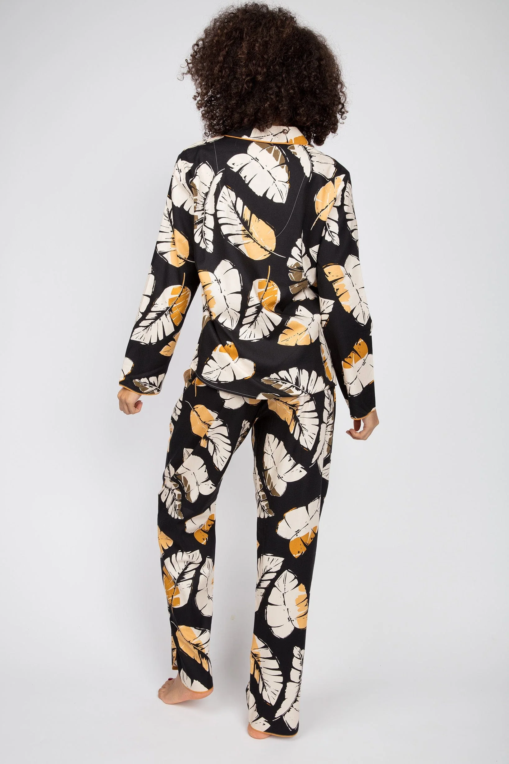 Annie Leaf Print Pyjama Top - Black/Mustard - Image 3