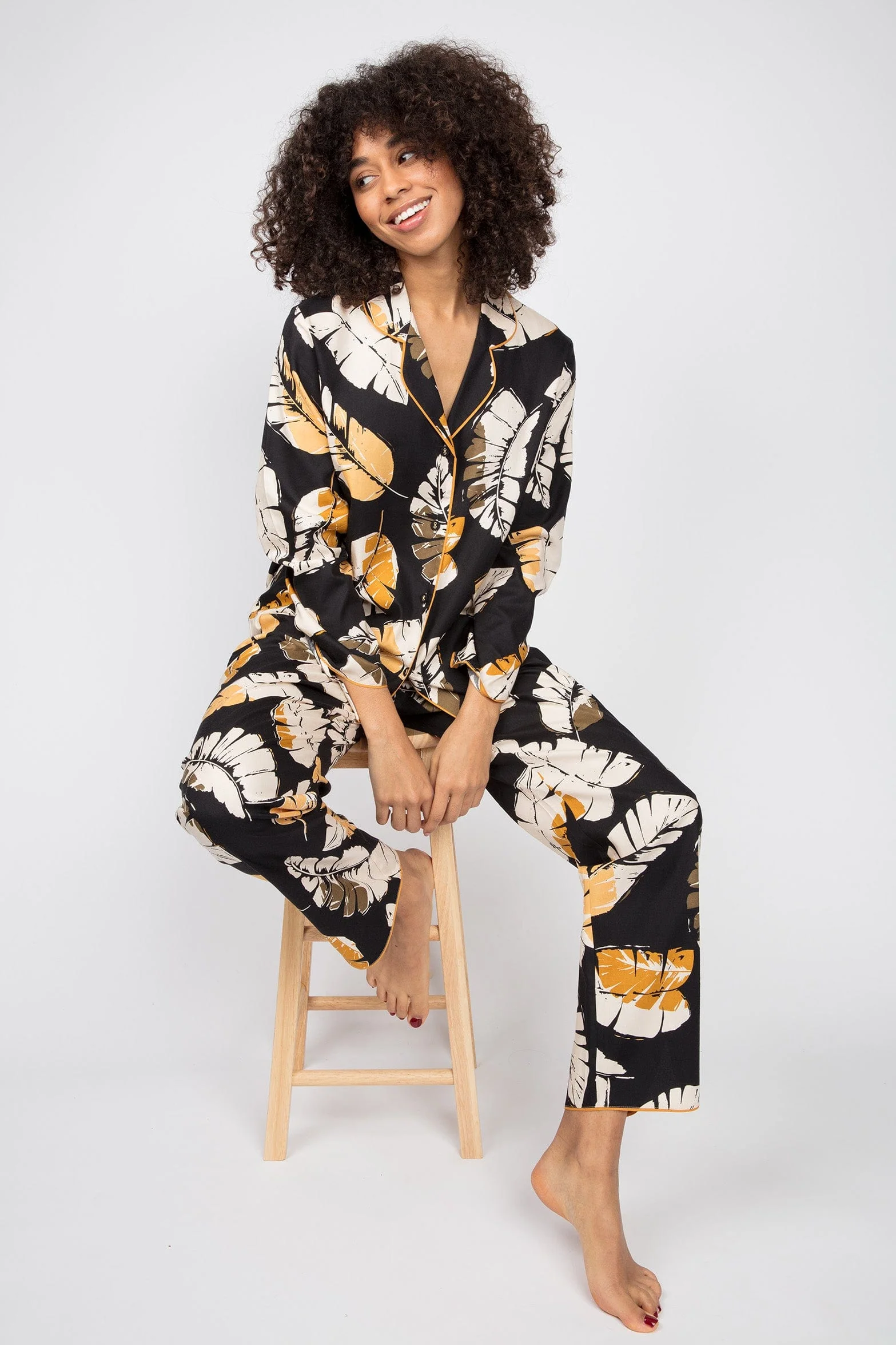 Annie Leaf Print Pyjama Top - Black/Mustard - Image 4