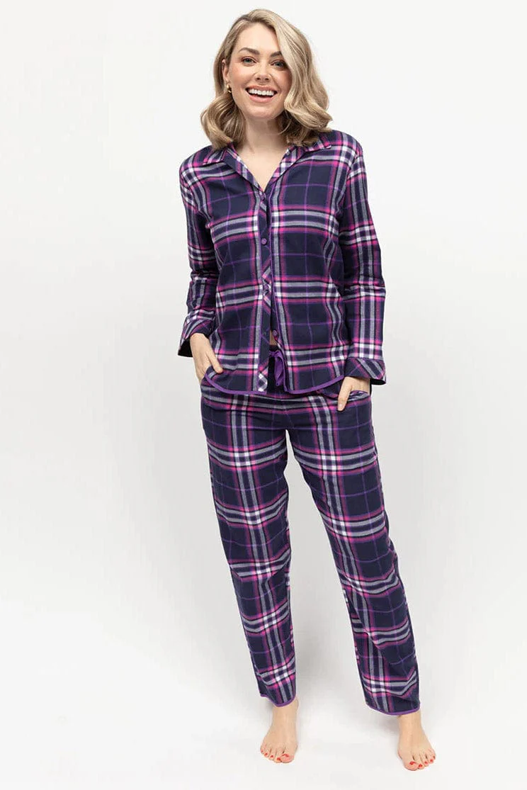 Edie Check Soft Brushed Pyjama Set - Navy/Purple - Image 3