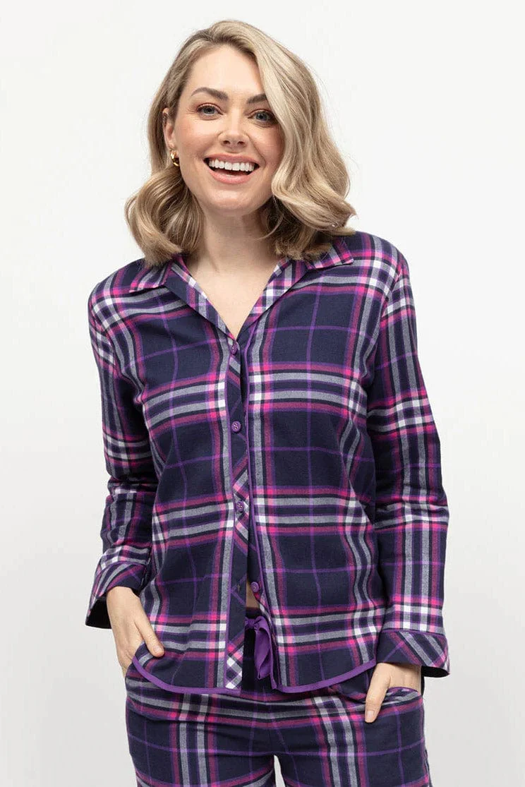 Edie Check Soft Brushed Pyjama Set - Navy/Purple - Image 5