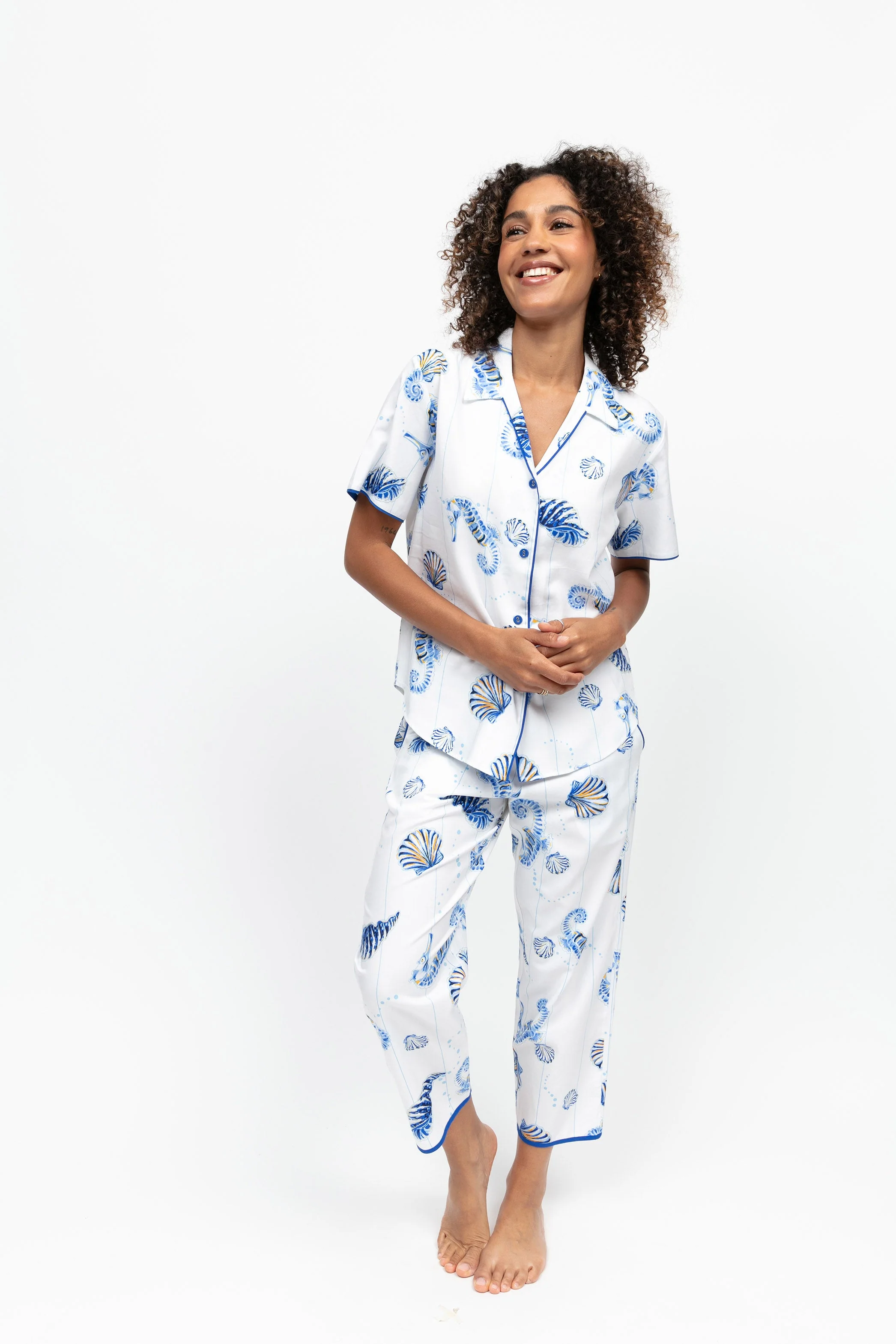 Essie Sea Horse Stripe Cropped Pyjama Set - Dark Blue - Image 2
