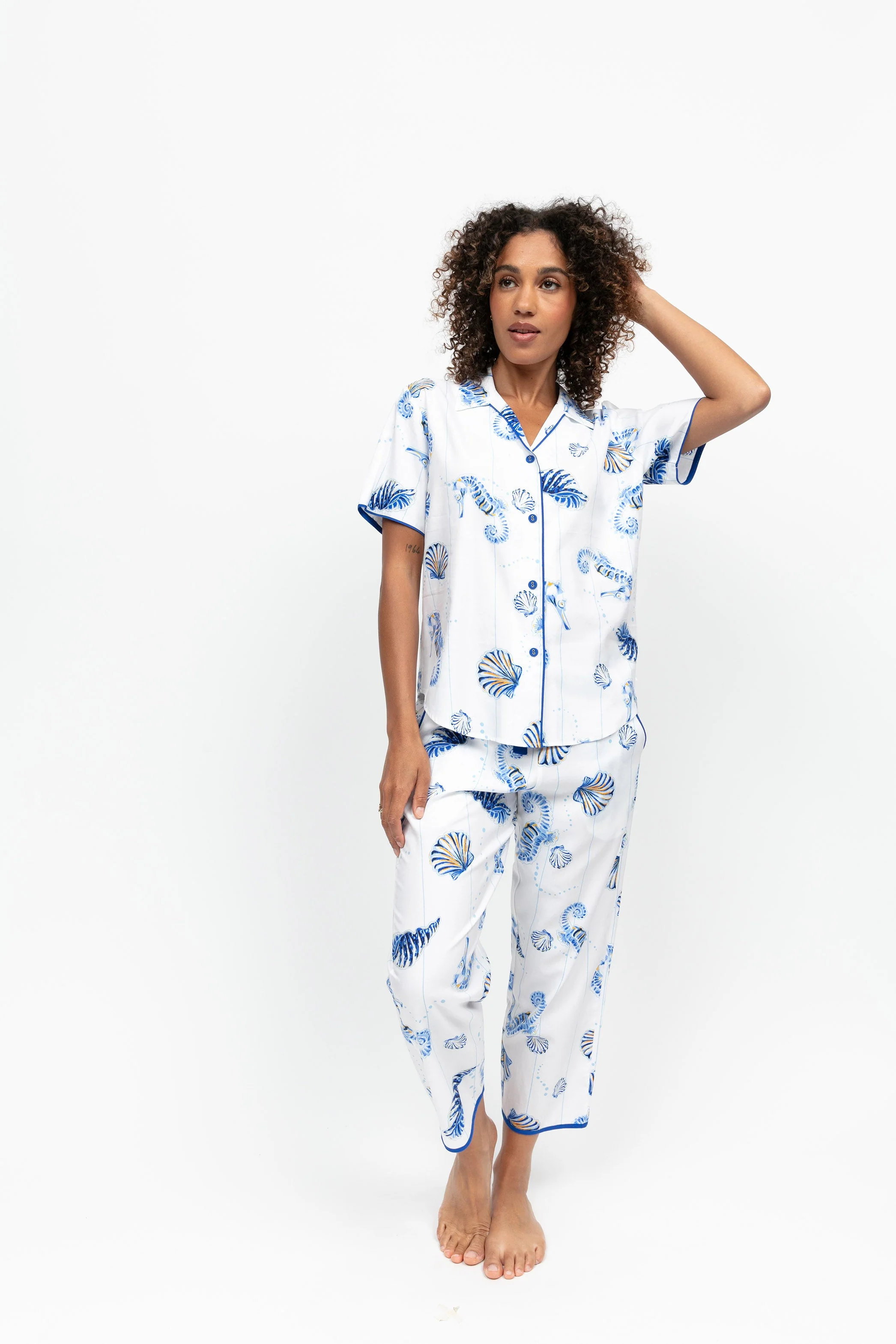 Essie Sea Horse Stripe Cropped Pyjama Set - Dark Blue - Image 4