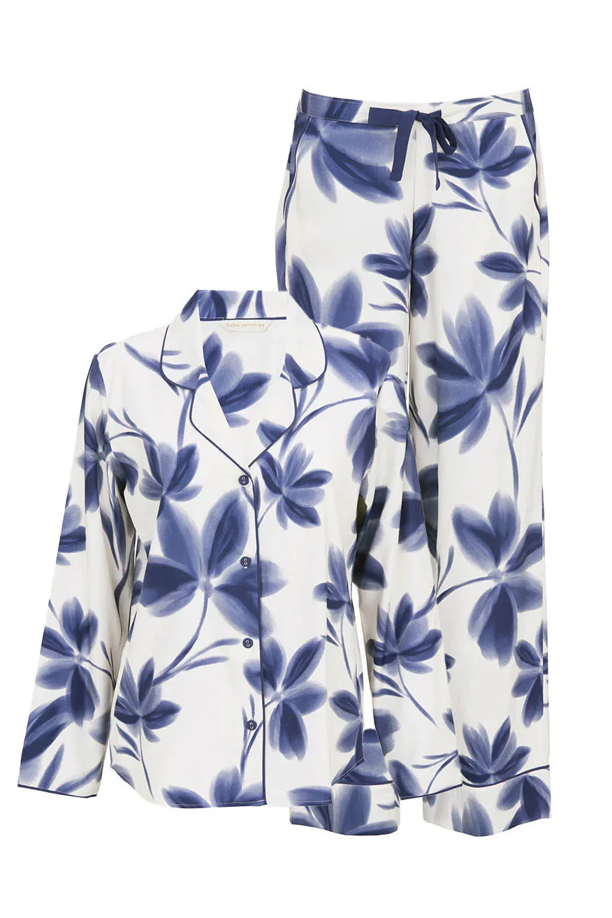 Indigo Floral Wide Leg Pyjama Set - Navy