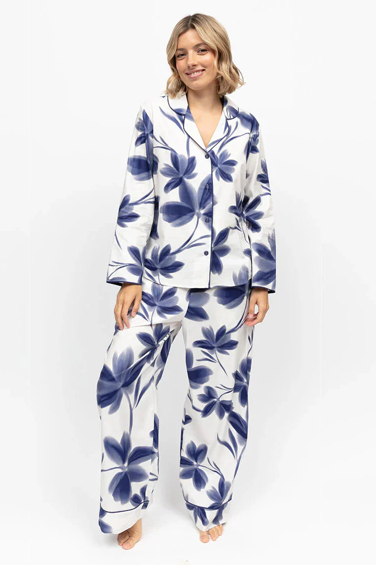 Indigo Floral Wide Leg Pyjama Set - Navy - Image 2