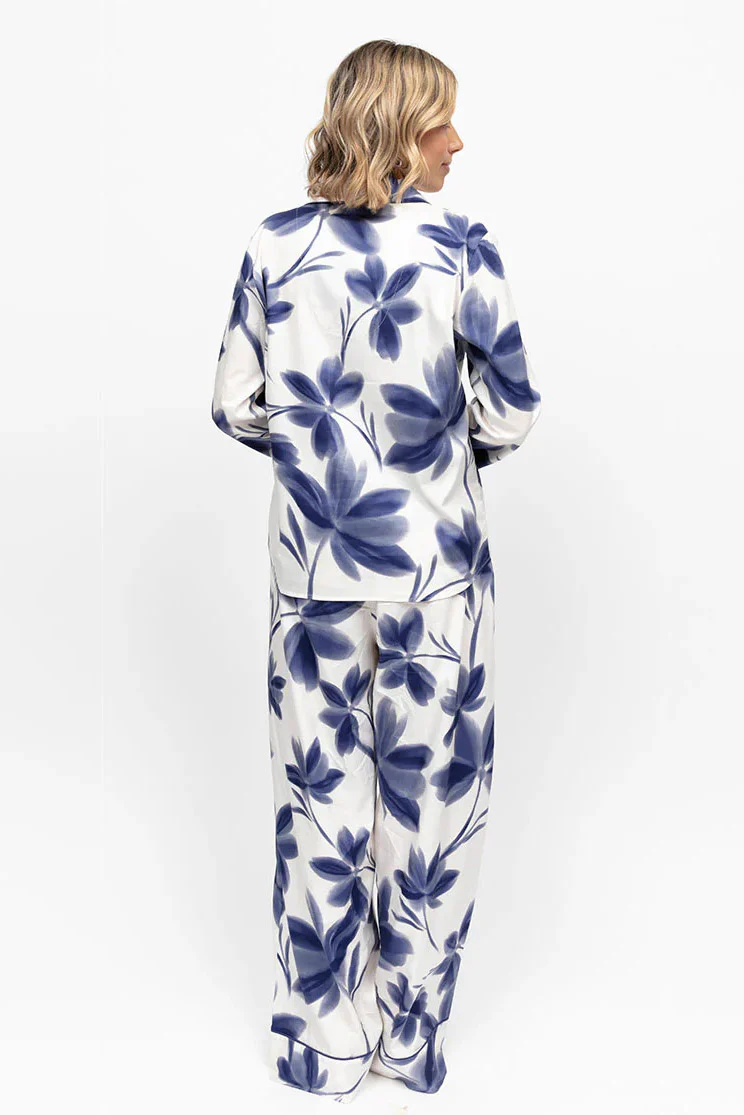 Indigo Floral Wide Leg Pyjama Set - Navy - Image 3