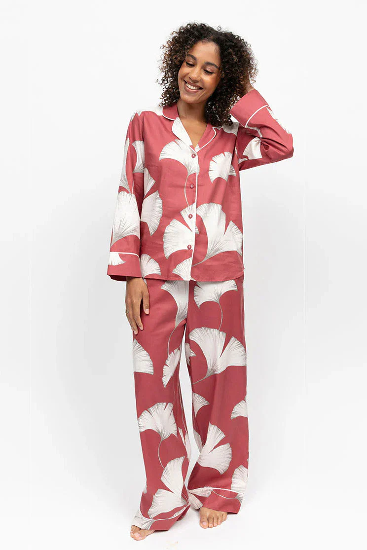 Josie Leaf Print Wide Leg Pyjama Set - Terracotta - Image 3