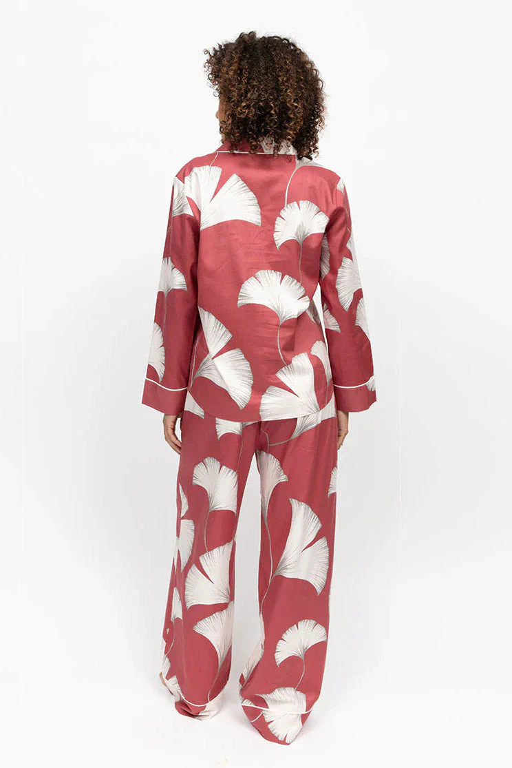Josie Leaf Print Wide Leg Pyjama Set - Terracotta - Image 4