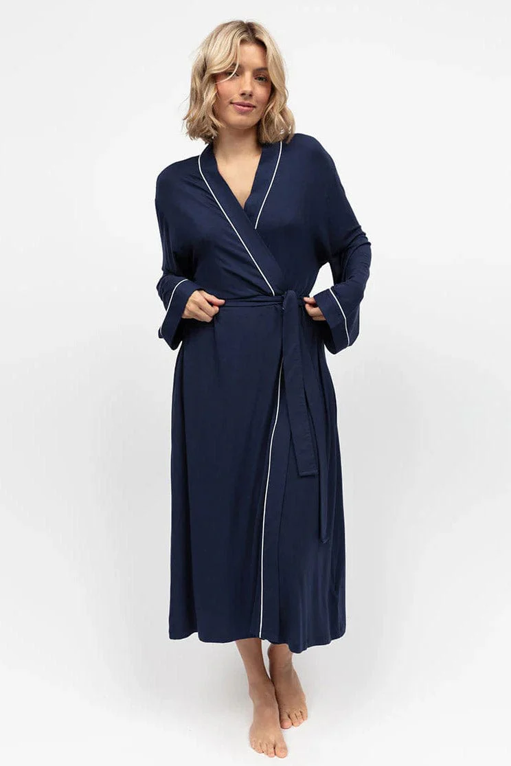 Marina Jersey Long Dressing Gown - Navy - Image 5