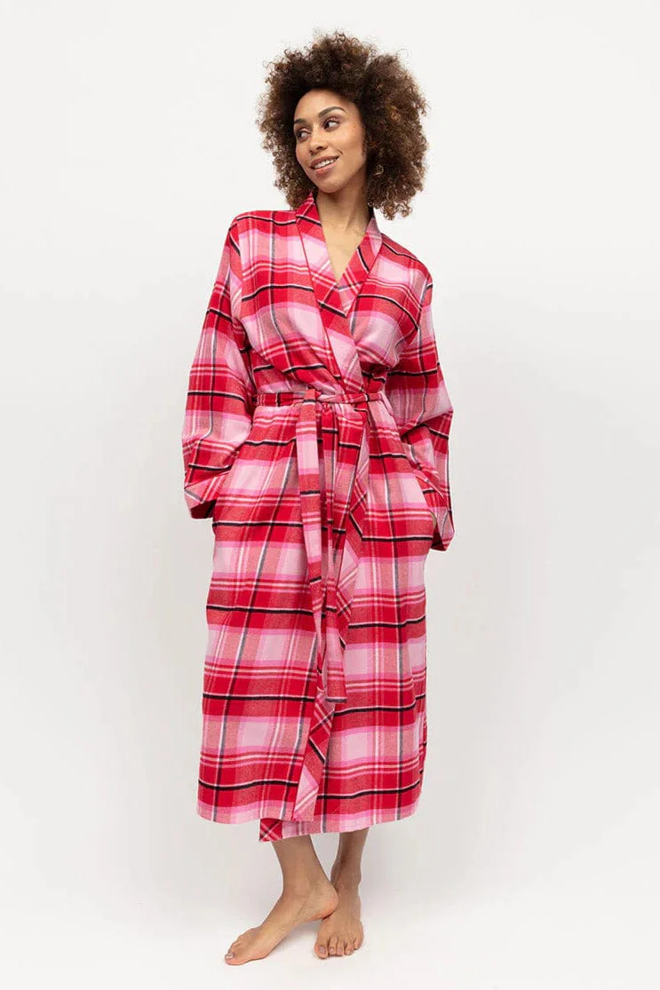 Noelle Check Soft Brushed Dressing Gown - Red - Image 3