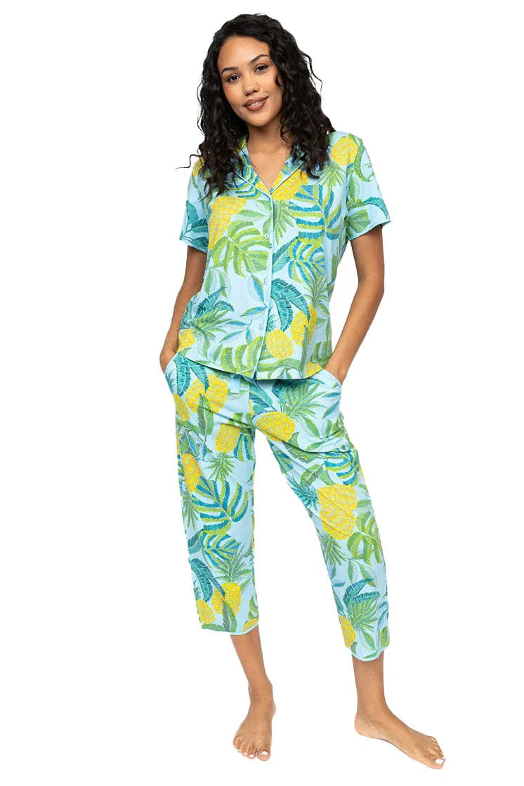Paige Pineapple Jersey Cropped Pyjama Set - Blue