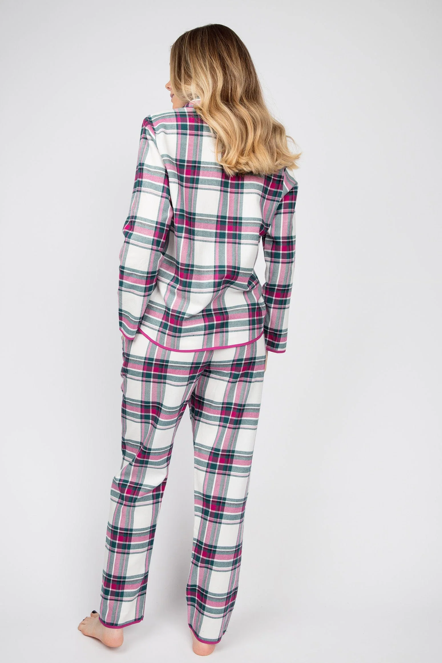 Penny Check Brushed Cotton Pyjama Top - Emerald/Fuchsia - Image 3