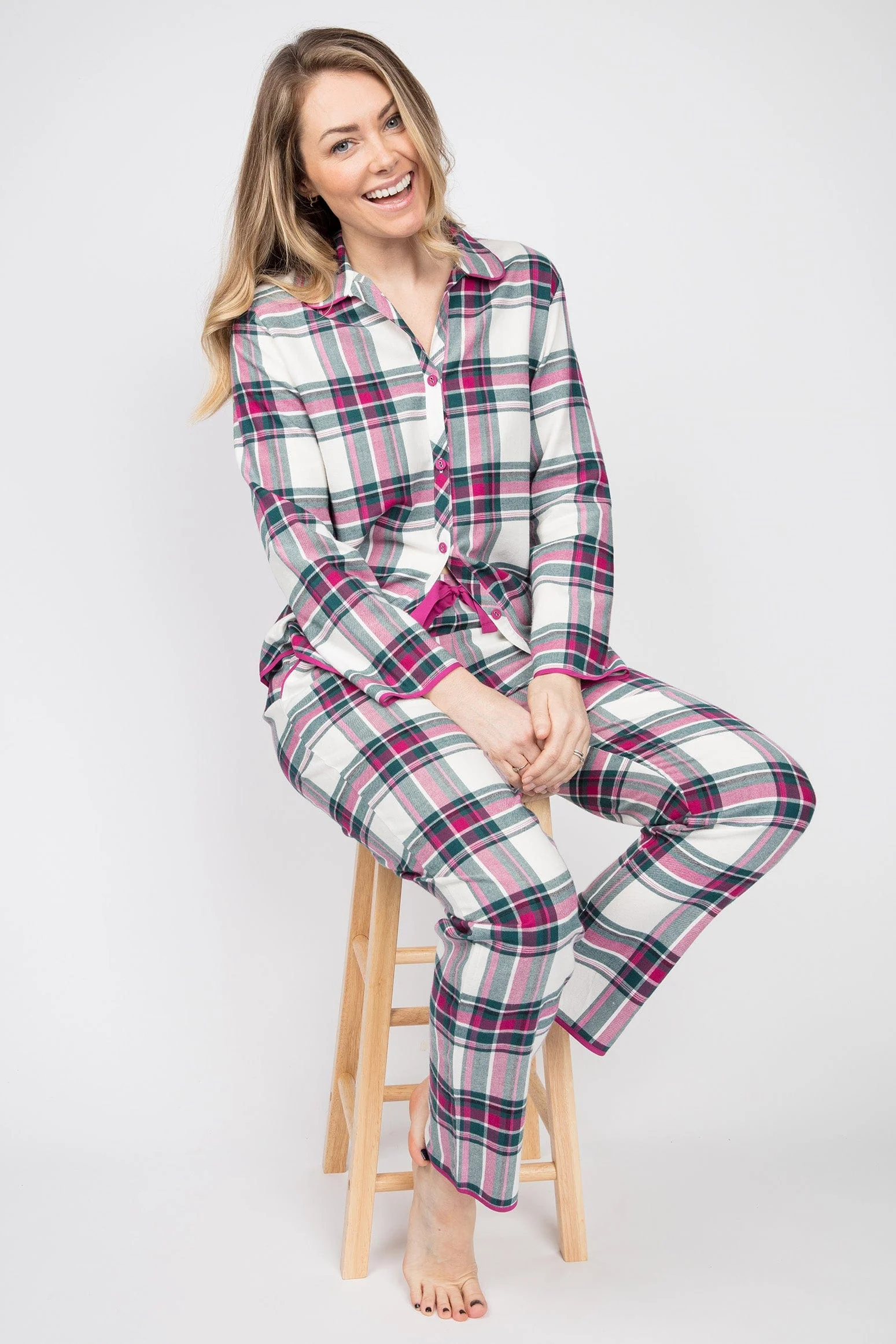 Penny Check Brushed Cotton Pyjama Top - Emerald/Fuchsia - Image 4