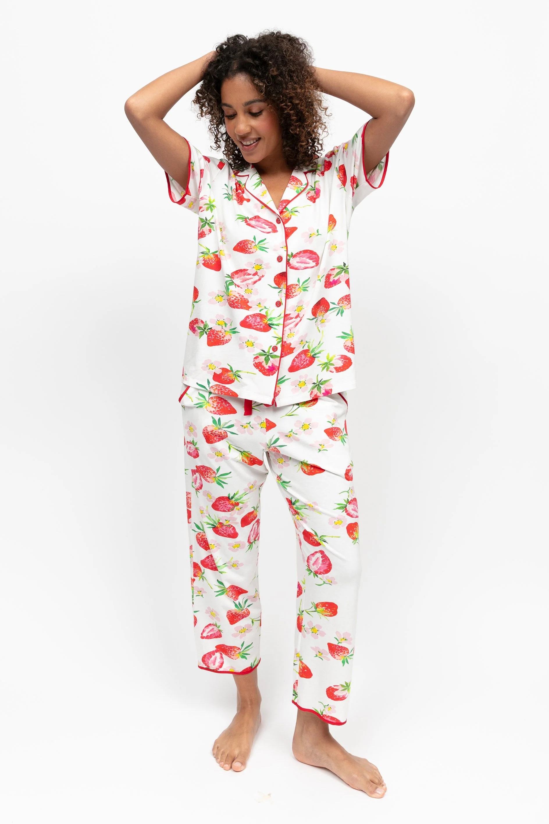 Pippa Strawberry Cropped Jersey Pyjama Set - Red - Image 2