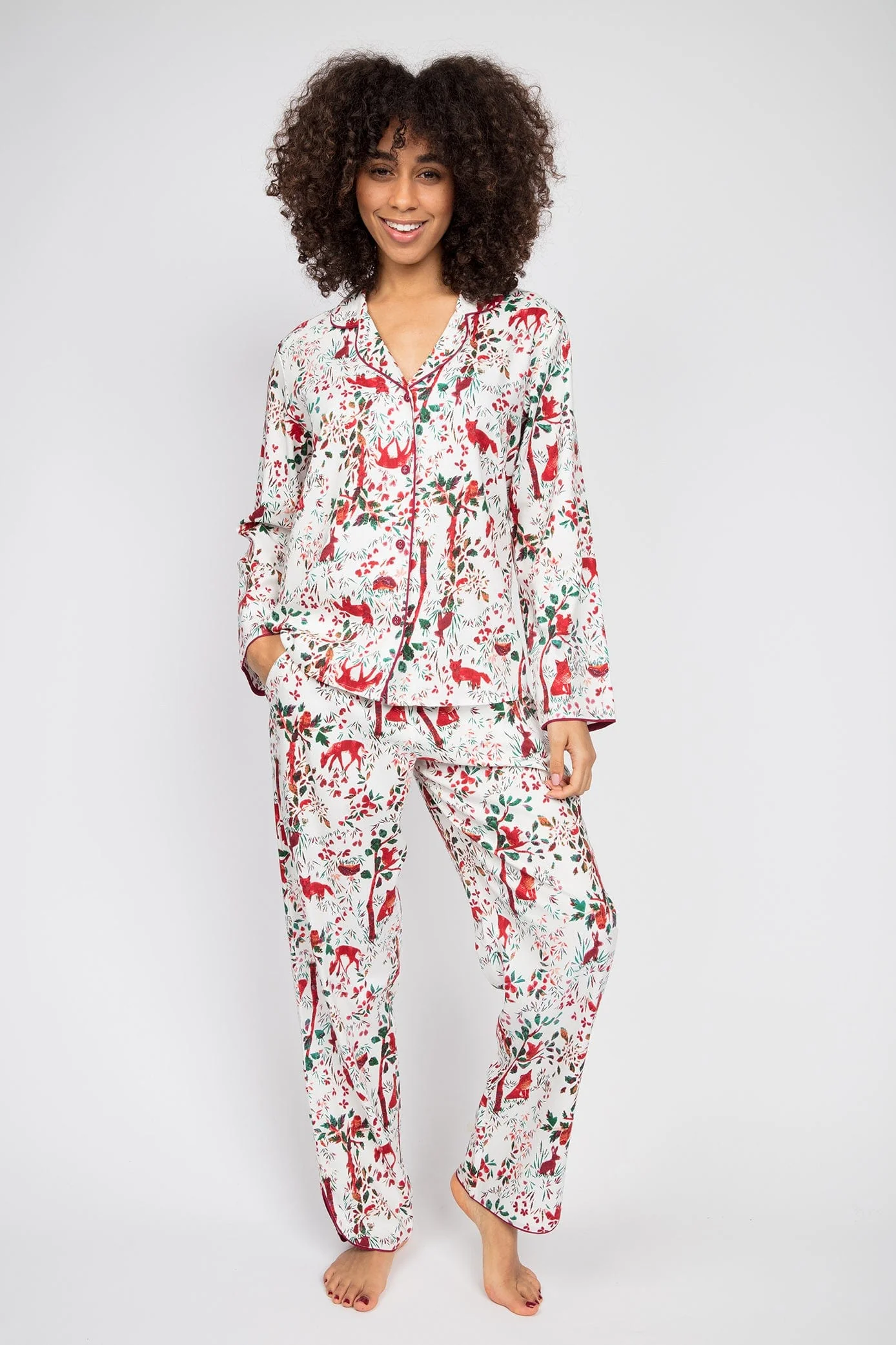 Robyn Forest Print Pyjama Top - White/Red - Image 2