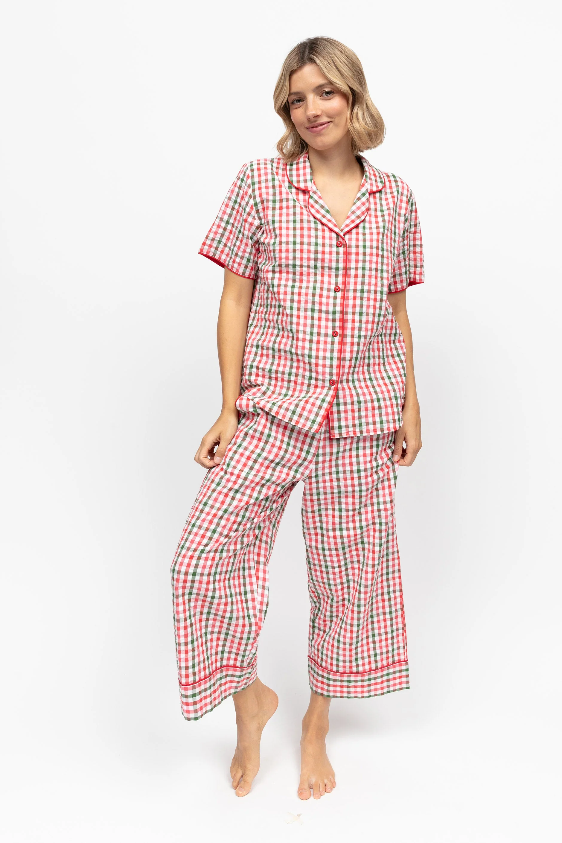 Tara Seersucker Cropped Pyjama Set - Red - Image 2