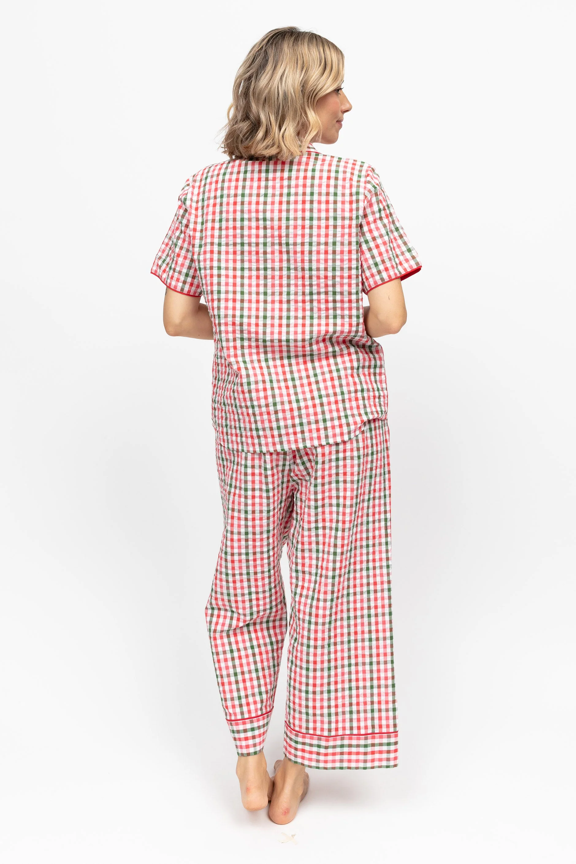 Tara Seersucker Cropped Pyjama Set - Red - Image 3