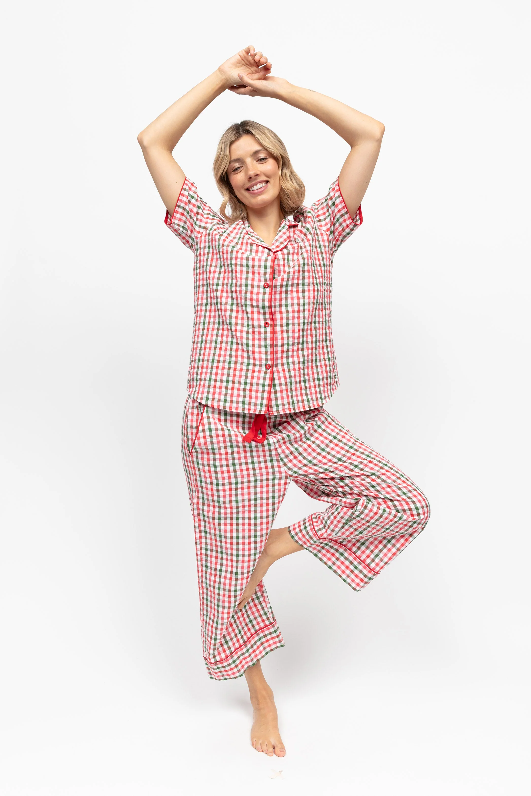 Tara Seersucker Cropped Pyjama Set - Red - Image 4