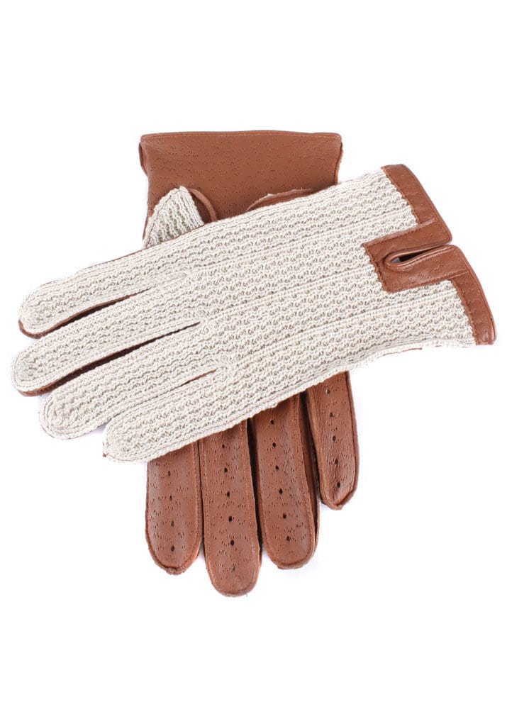 Mens Lancaster Unlined Crochet Back Driving Gloves - Cognac