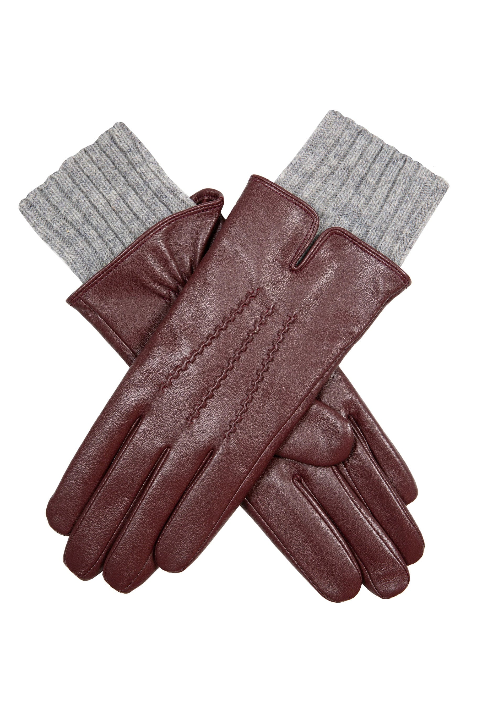 Tamara Leather Glove with Knitted Cuffs - Claret/Dove Grey
